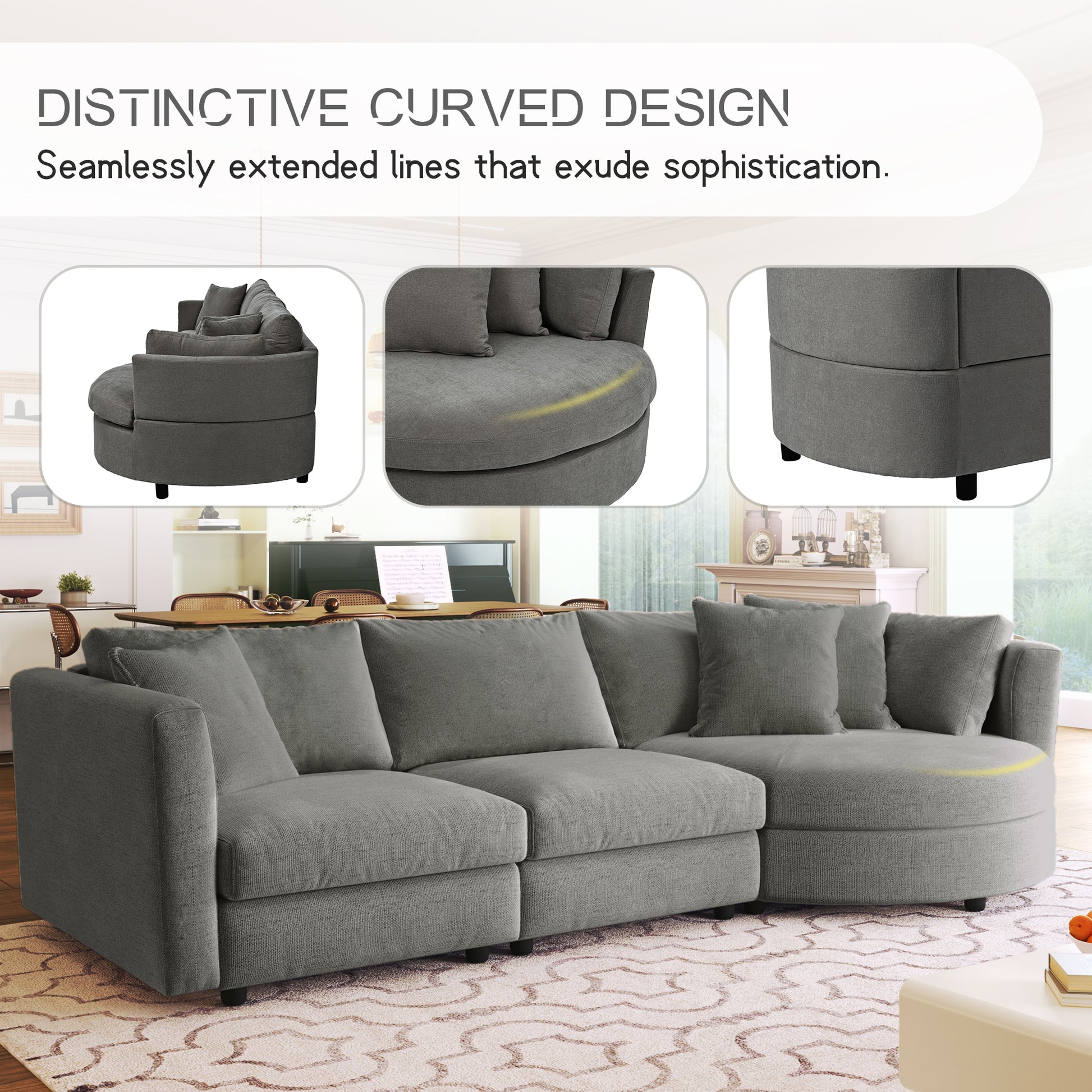Three Indoor Cushioned Combination Sofas With Three Pillows And Curved Seat, For Living Room, Study Room, And Apartment Gray Polyester