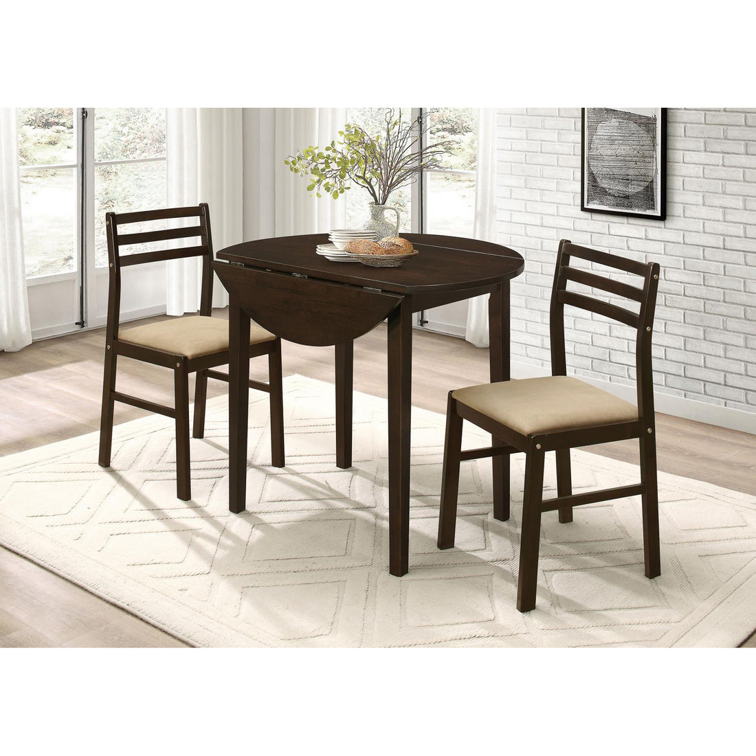 Cappuccino And Tan 3 Piece Dining Set With Drop Leaf Brown Wood Dining Room Extendable Rubberwood Round Dining Table With Chair Wood Wood Cappuccino Ladder Back Seats 2 36 Inches Drop Leaf Transitional 4 Leg Wood