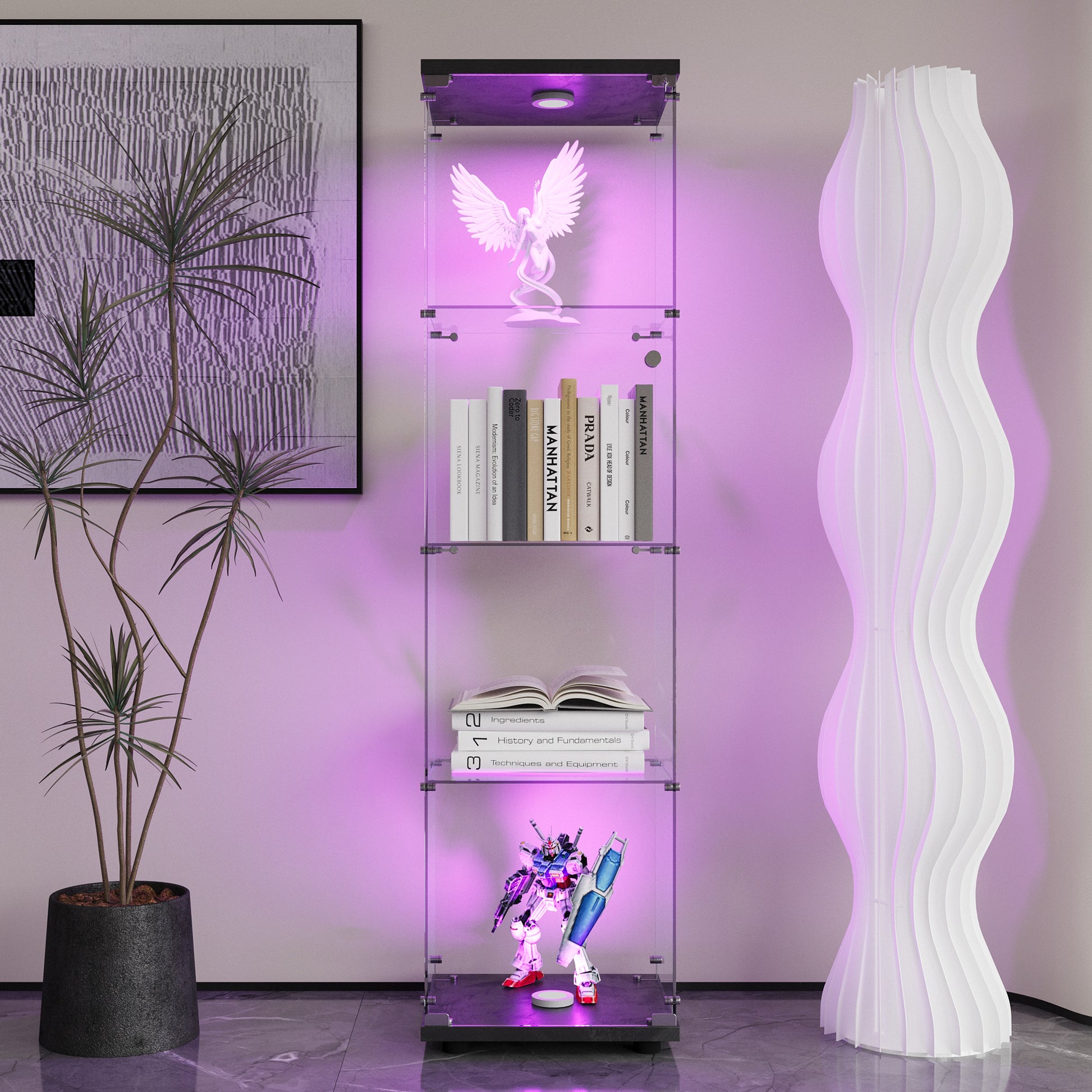 Led Lights Glass Display Cabinet 4 Shelves With Door, Floor Standing Curio Bookshelf For Living Room Bedroom Office, 64.7"*16.7"*14.3", Black Black Glass