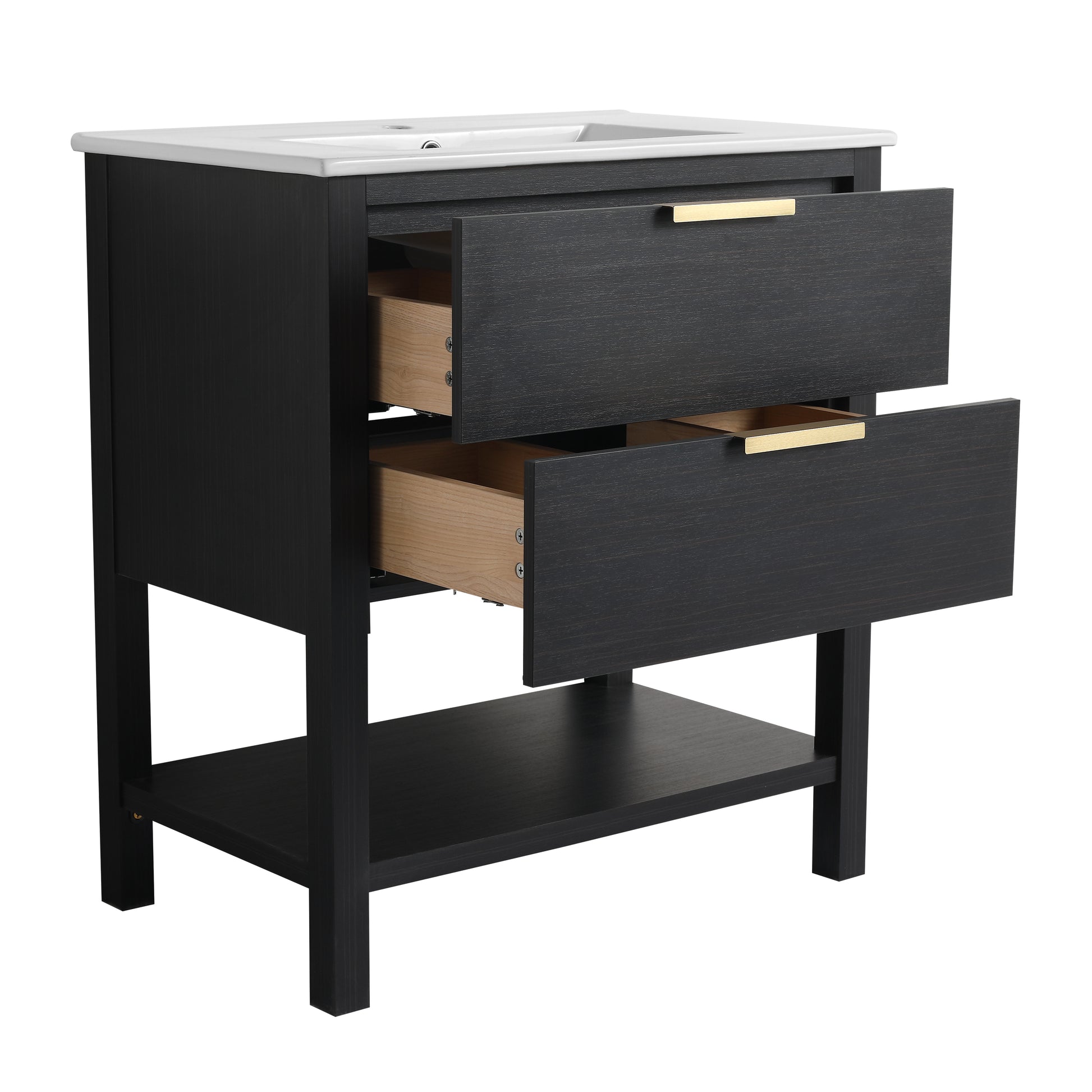 30 Inch Bathroom Vanity With Sink And 2 Soft Close Drawers, Golden Handle Bvb01030Bctg Bl9075B Black Chestnut Bathroom Modern Plywood