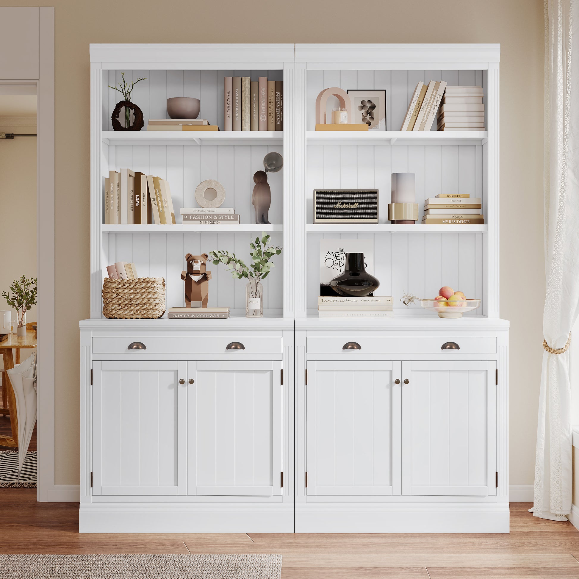 83.4"Tall Bookshelf Suite, Modern Bookcase Suite With Led Lighting,Doors And Drawers,2 Piece Set Storage Bookcase With Open Shelves For Living Room,Home Office,White White Solid Wood Mdf