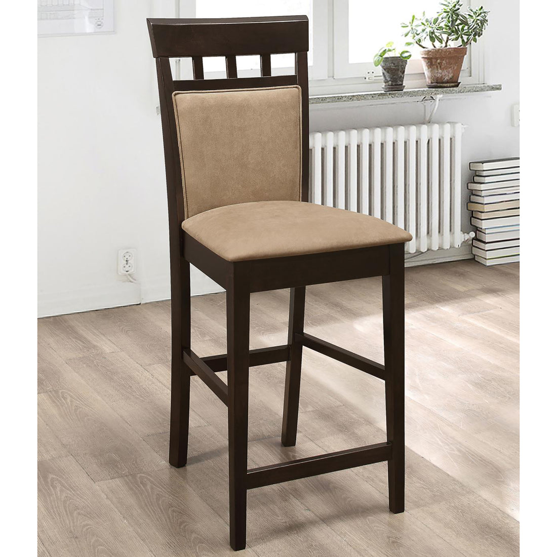 Beige And Cappuccino Upholstered Counter Height Stools Set Of 2 Solid Beige Brown Brown Dining Room Foam Spot Clean Transitional Solid Back Foam Microfiber