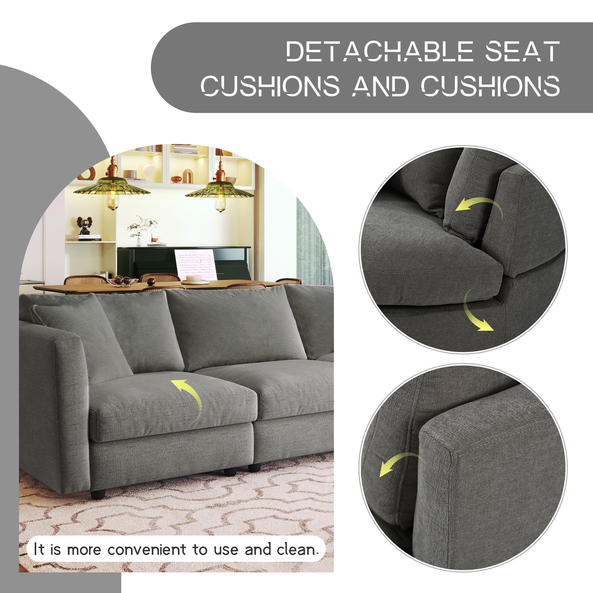 Three Indoor Cushioned Combination Sofas With Three Pillows And Curved Seat, For Living Room, Study Room, And Apartment Gray Polyester