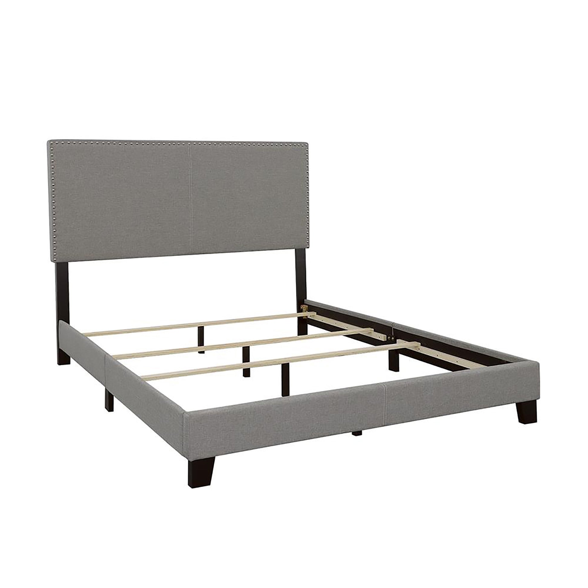 Grey Upholstered Queen Bed With Trim Queen Box Spring Required Grey Wood Bedroom Transitional Rubberwood Panel Foam Fabric