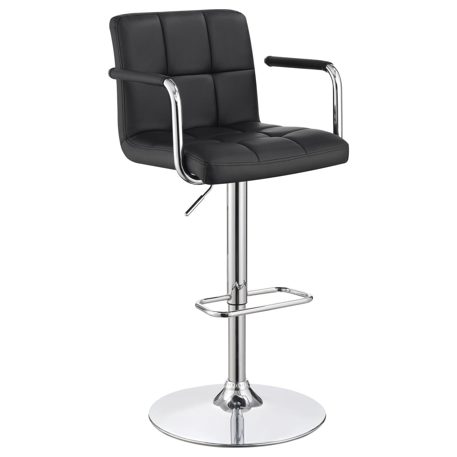 Black And Chrome Adjustable Bar Stool With Arms Solid Black Dining Room Foam Spot Clean Contemporary,Modern Bar Stools Tufted Back Foam Faux Leather