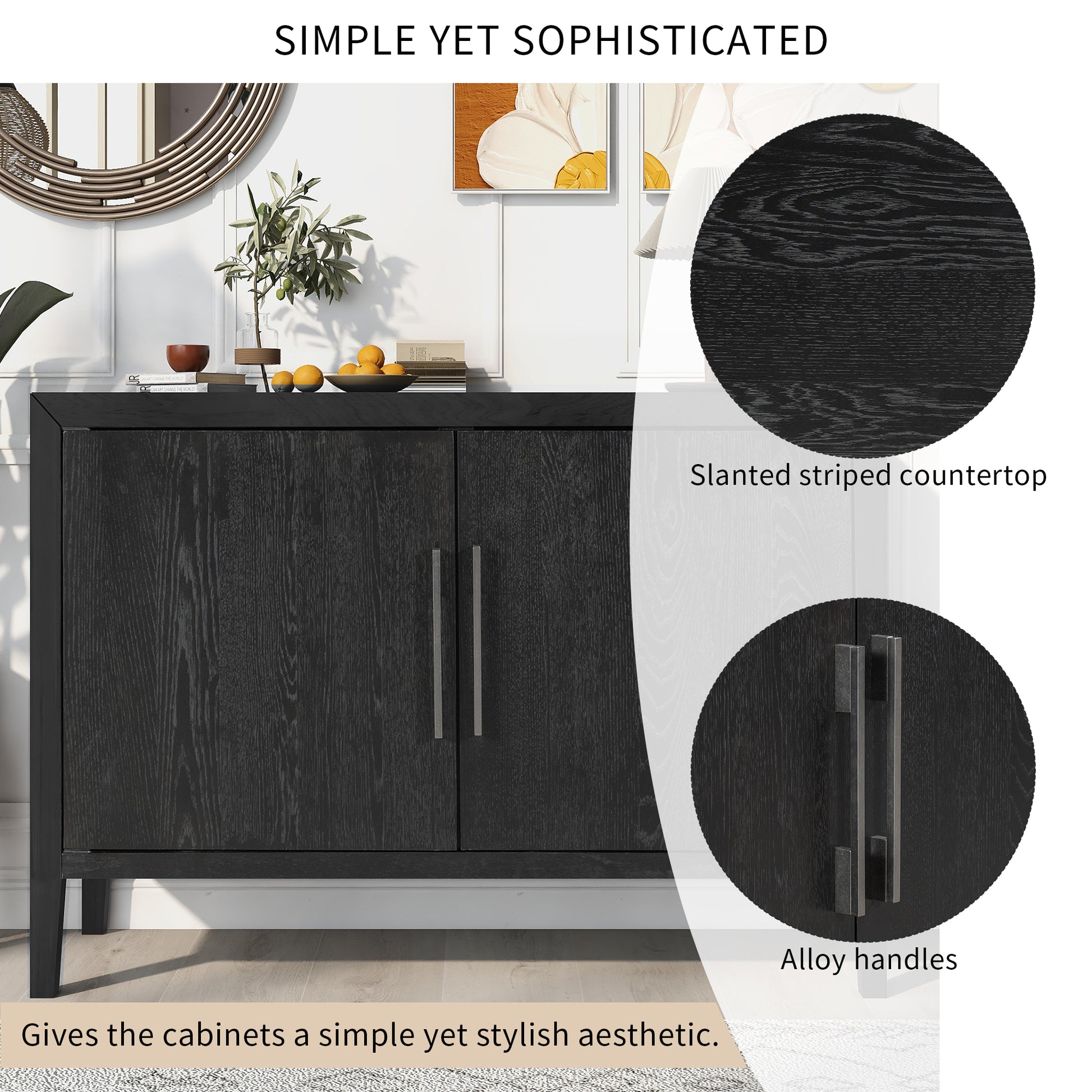 Storage Cabinet Sideboard Wooden Cabinet With 2 Metal Handles And 2 Doors For Hallway, Entryway, Living Room Black Mdf