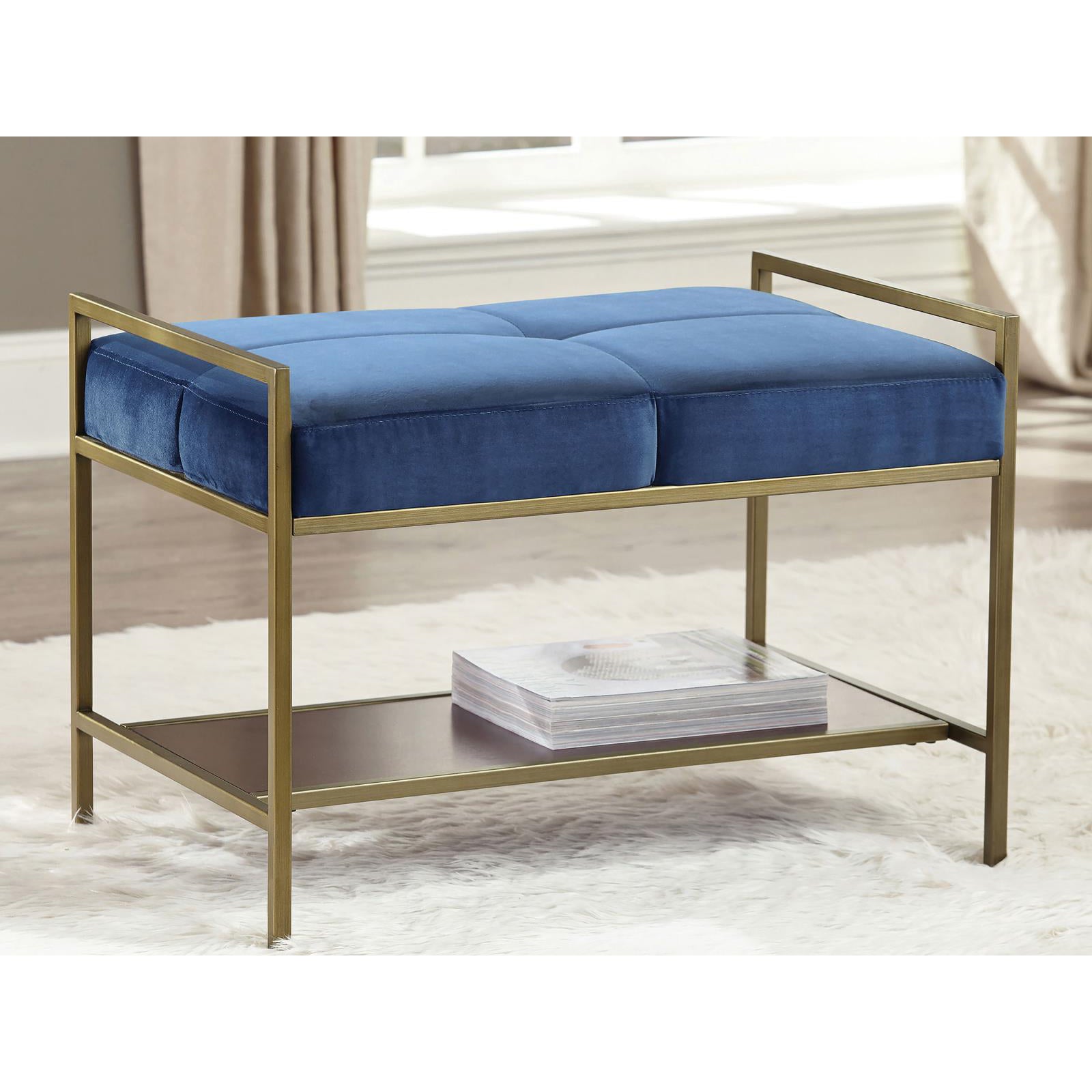 Navy Blue And Gold Upholstered Bench With Bottom Shelf Blue Primary Living Space Velvet Blue Contemporary,Modern Tufted Cushions Shelves Foam Velvet