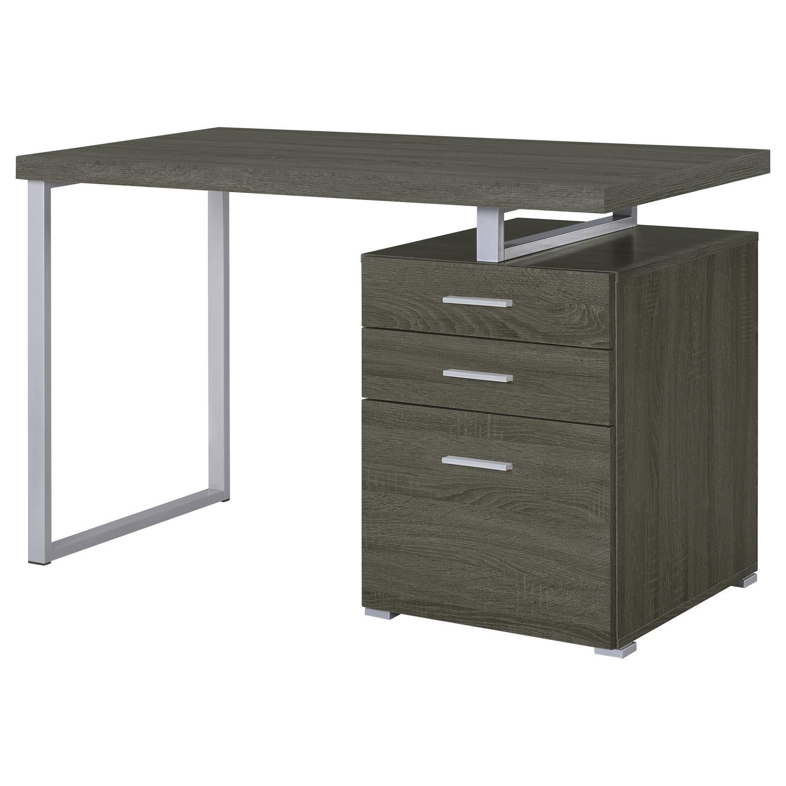 Weathered Grey 3 Drawer Reversible Office Desk Grey Gray Writting Desk Office Contemporary,Modern Freestanding Rectangular Drawers Desk Wood Sled