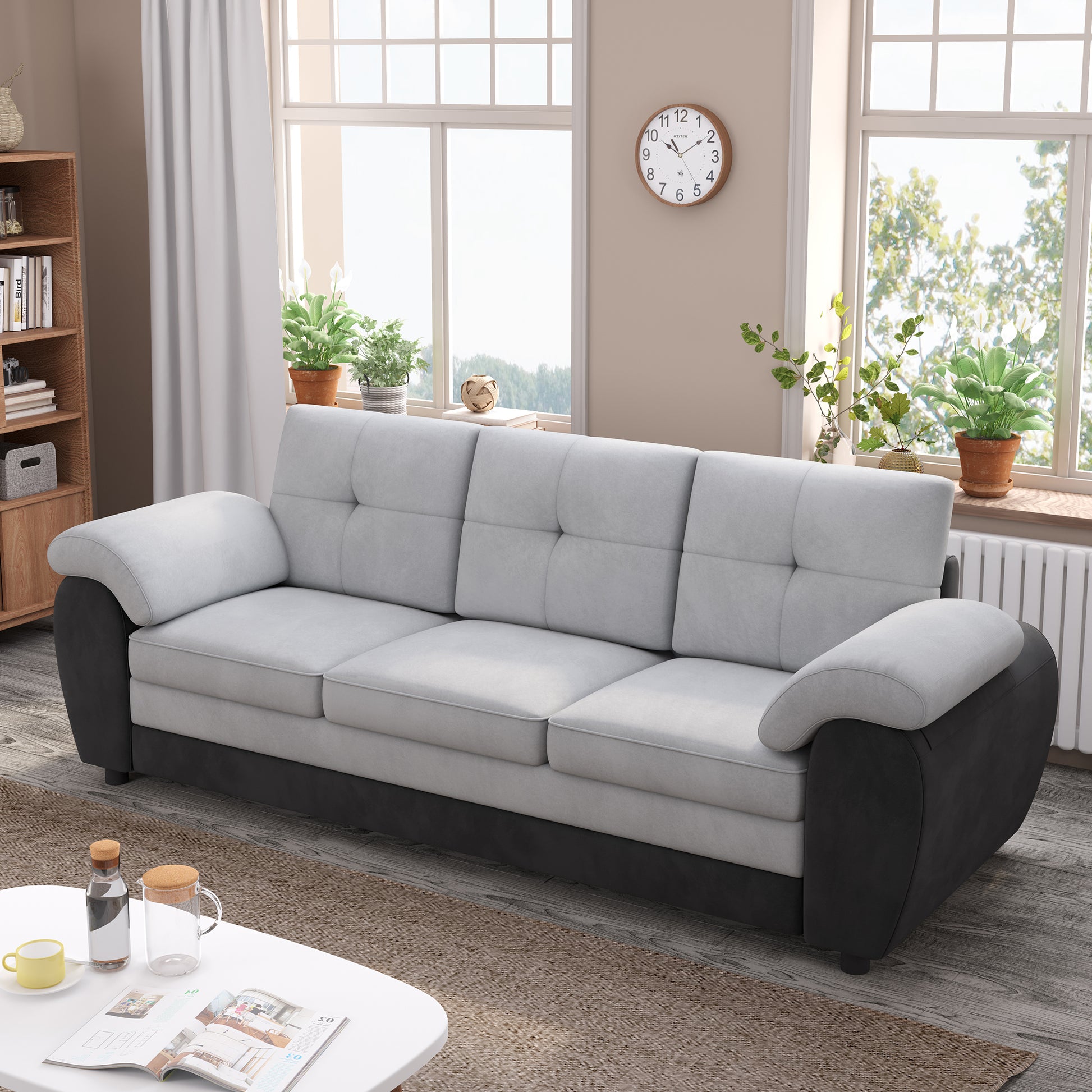 81.9 Large Size Three Seat Sofa,Modern Upholstered,Black Leather Paired With Light Gray Velvet Black Gray Velvet Wood Primary Living Space Medium Firm Modern Eucalyptus Polyurethane Foam Eucalyptus