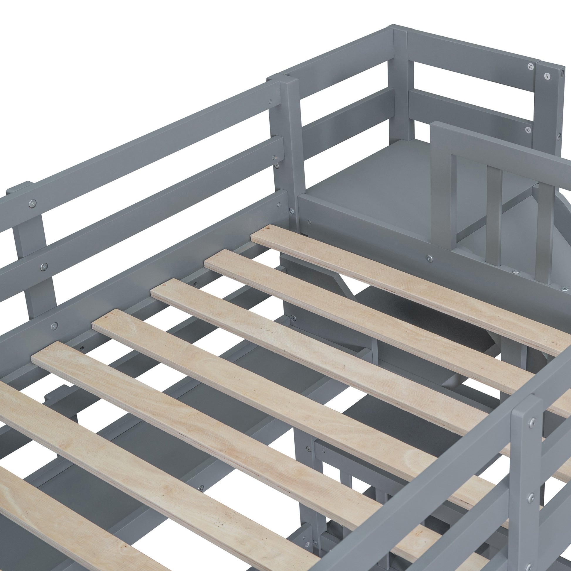 Twin Over Twin Castle Style Bunk Bed With 2 Drawers 3 Shelves And Slide Gray Gray Solid Wood