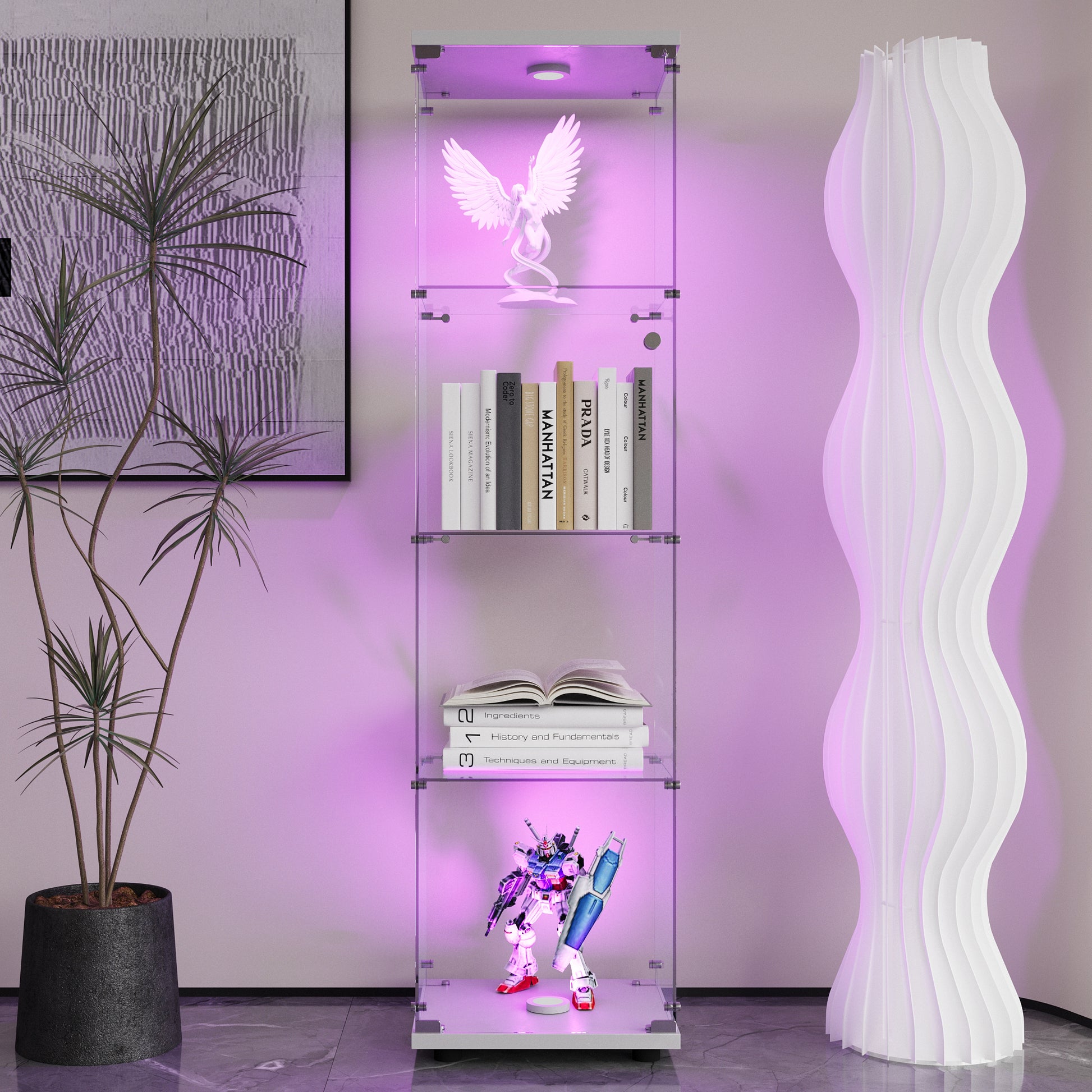 Led Lights Glass Display Cabinet 4 Shelves With Door, Floor Standing Curio Bookshelf For Living Room Bedroom Office, 64.7"*16.7"*14.3" White White Glass