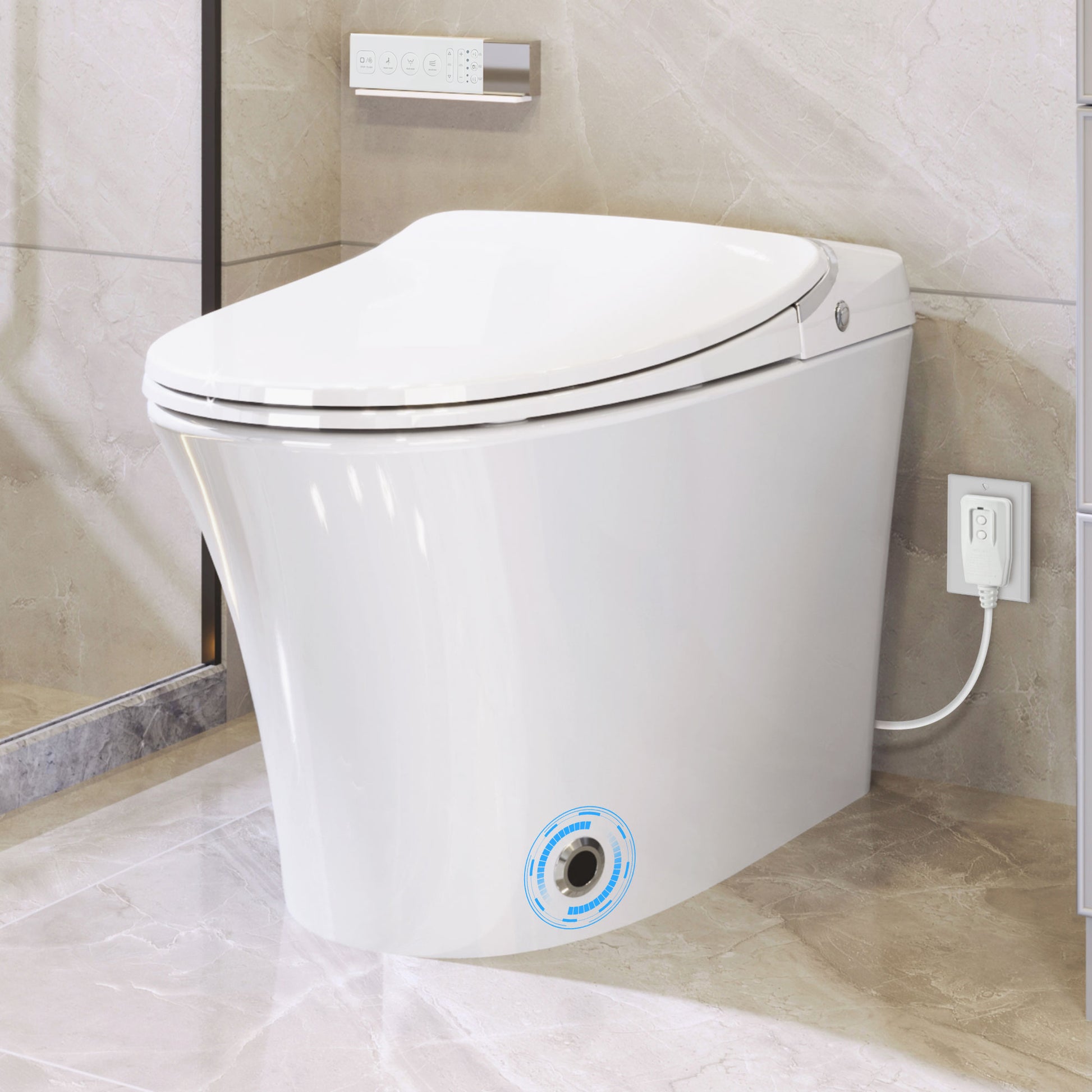 Luxury Smart Toilet With Dryer And Warm Water, Elongated Bidet Toilet With Heated Seat, With Remote Control, Led Night Light, Power Outage Flushing, Soft Close Cover,Whit White Ceramic