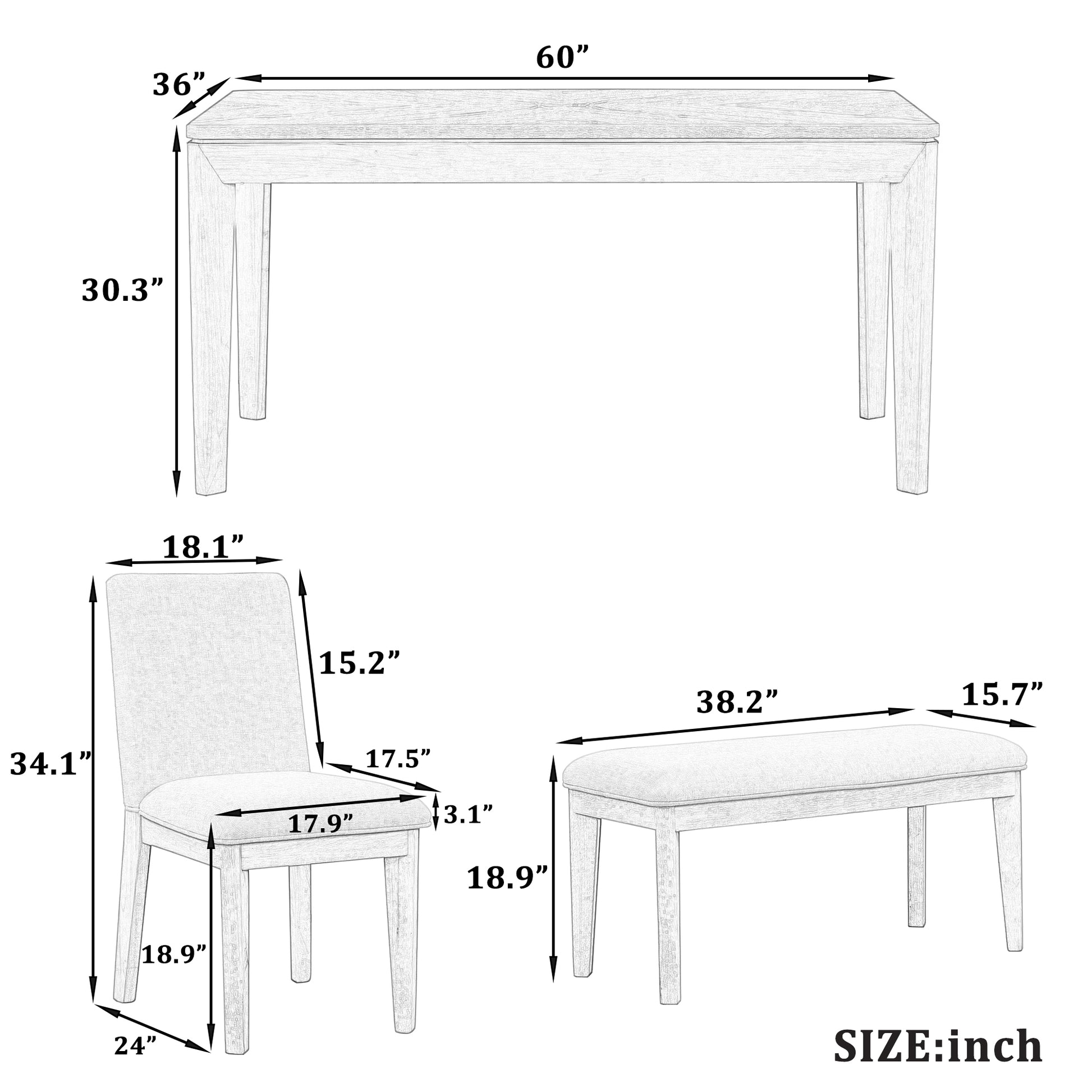 6 Piece Dining Table Set With Upholstered Dining Chairs And Bench,Farmhouse Style, Tapered Legs, Dark Gray Beige Gray Wood Dining Room Bench Seating Rubberwood Rectangular Dining Table With Chair And Bench Upholstered Chair Wood Beige Grey Solid Back