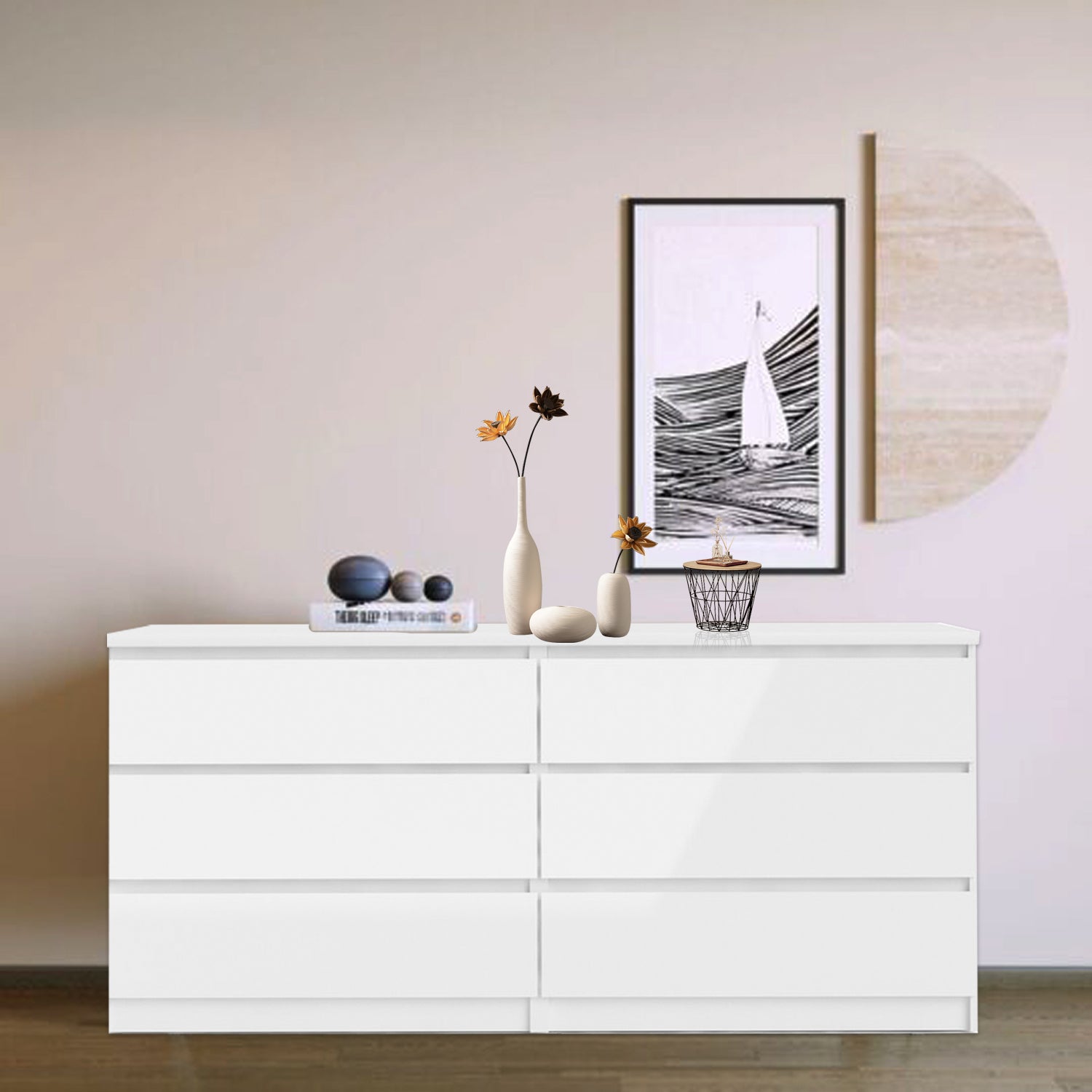 6 Drawer Double Dresser For Bedroom Living Room Hallway,White White Particle Board Mdf