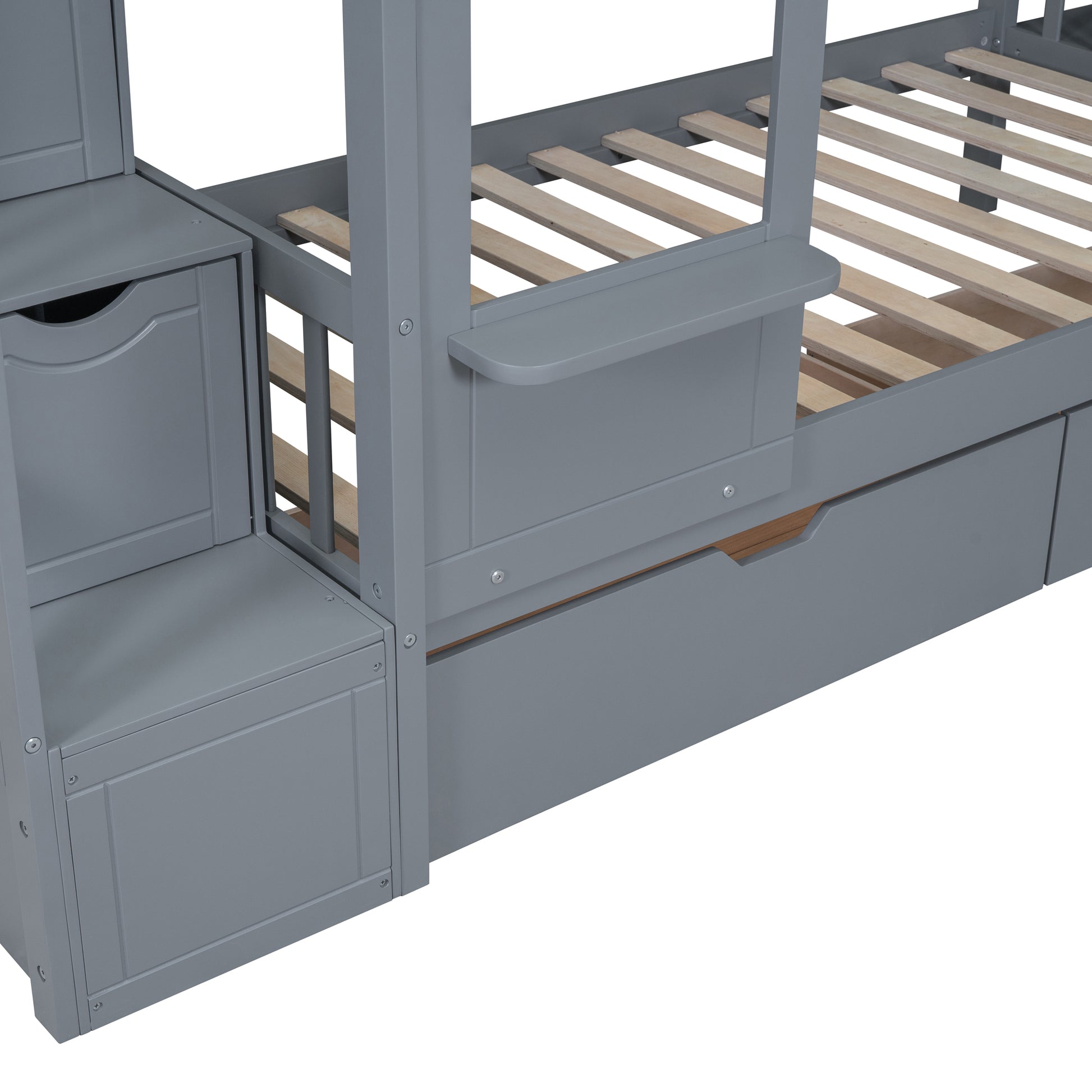 Twin Over Twin Castle Style Bunk Bed With 2 Drawers 3 Shelves And Slide Gray Gray Solid Wood