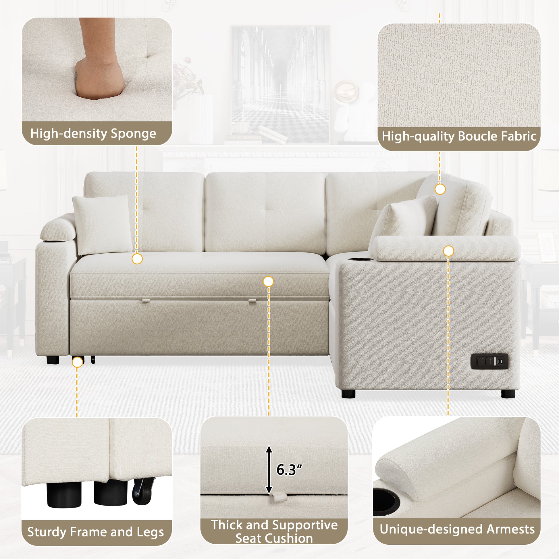 83" L Shape Sofa Bed Pull Out Sleeper Sofa With Wheels, Usb Ports, Power Sockets For Living Room, Beige Beige Foam Boucle 3 Seat