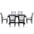 7 Piece Dining Table With 4 Trestle Base And 6 Upholstered Chairs With Slightly Curve And Ergonomic Seat Back Black Upholstered Chair Wood Black Seats 6 Wood Dining Room American Design,Antique Trestle Rectangular Dining Table With Chair Solid Wood Mdf