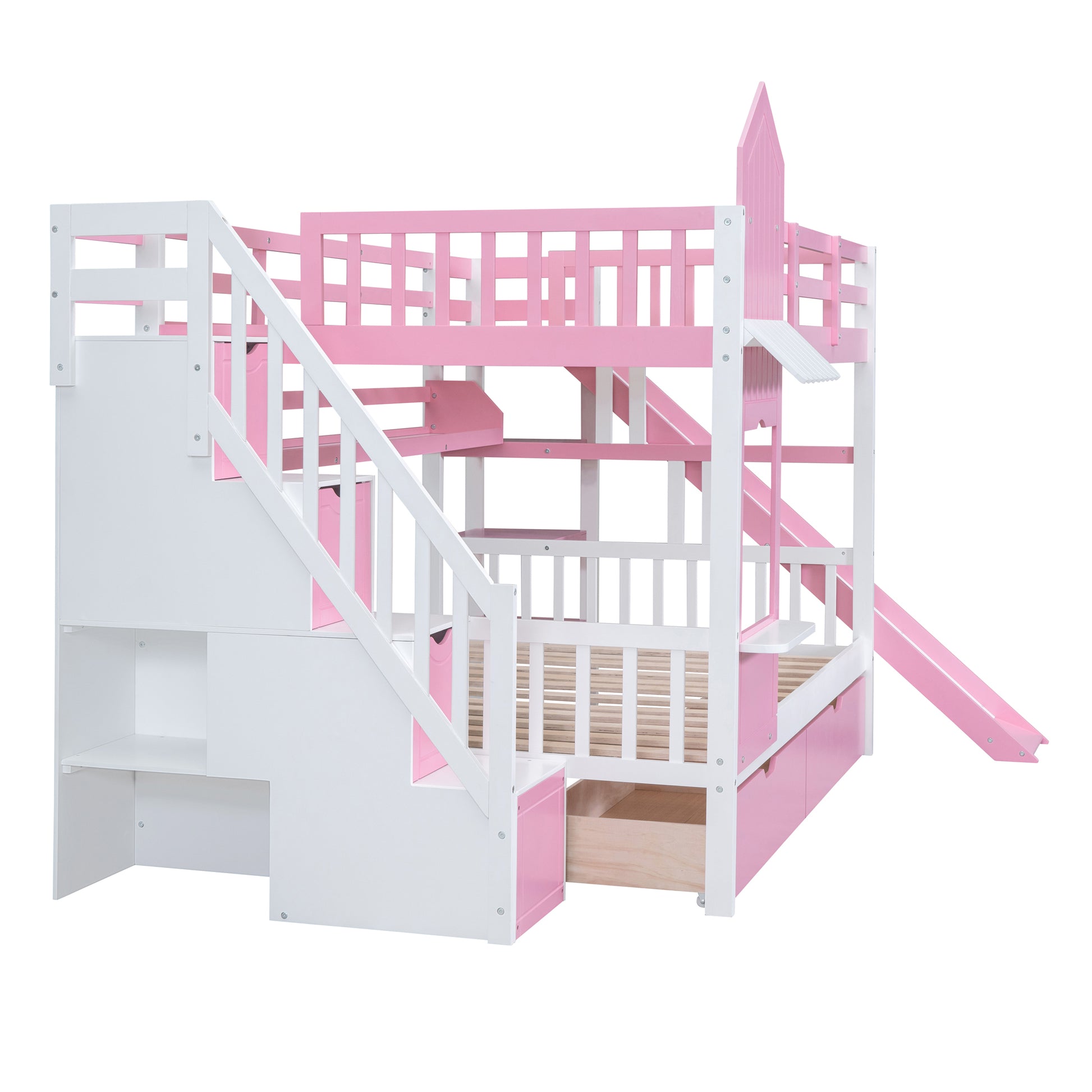 Full Over Full Castle Style Bunk Bed With 2 Drawers 3 Shelves And Slide Pink Pink Solid Wood