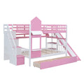 Full Over Full Castle Style Bunk Bed With 2 Drawers 3 Shelves And Slide Pink Pink Solid Wood