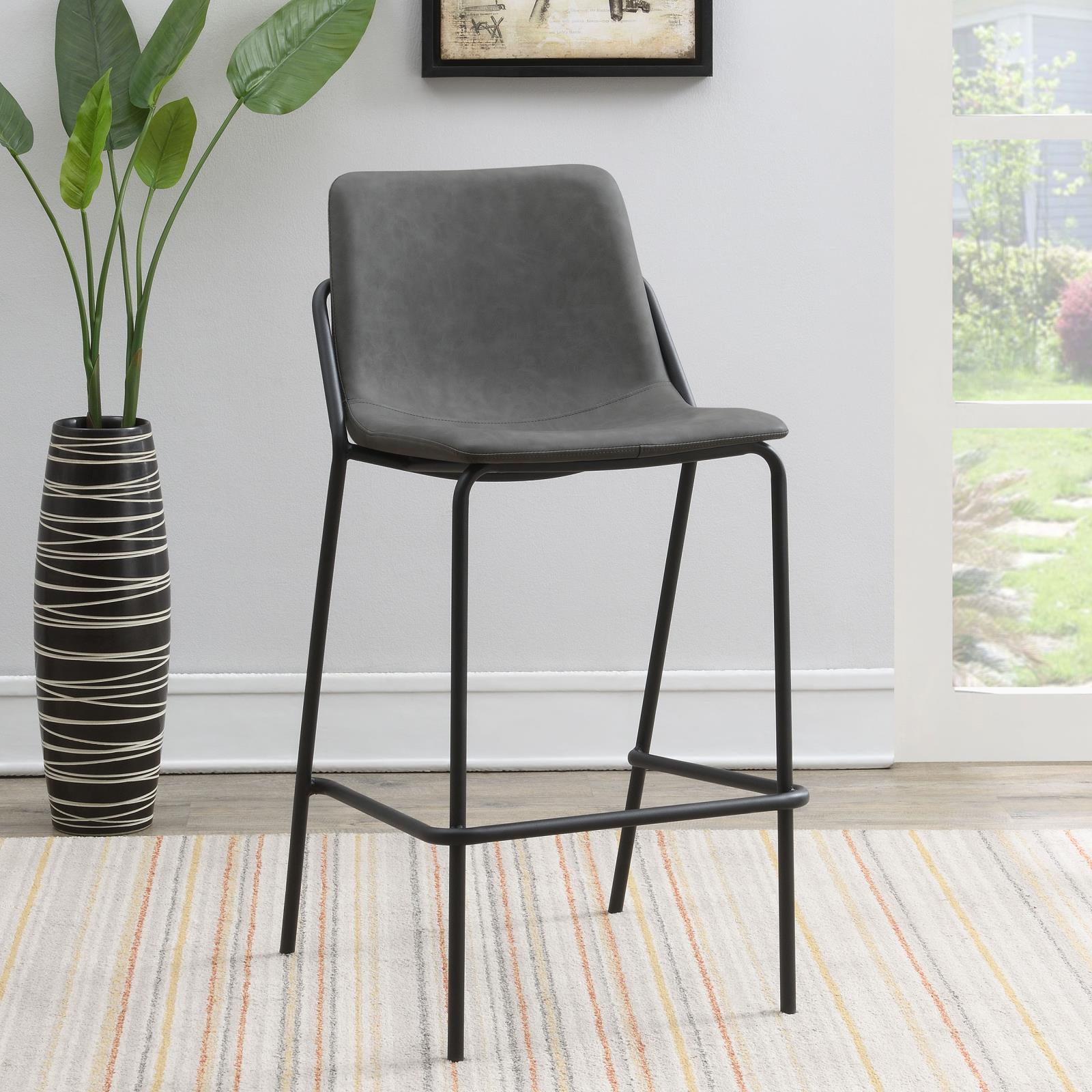 Grey And Black Bar Stools Set Of 2 With Footrest Solid Grey Dining Room Foam Spot Clean Industrial Bar Stools Solid Back Foam Faux Leather