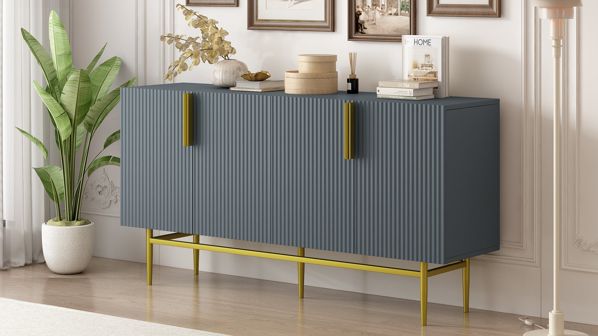 Modern Elegant 4 Door Sideboard Gold Metal Handle Buffet Cabinet For Dining Room, Living Room, Bedroom, Hallway Gray Gray Particle Board