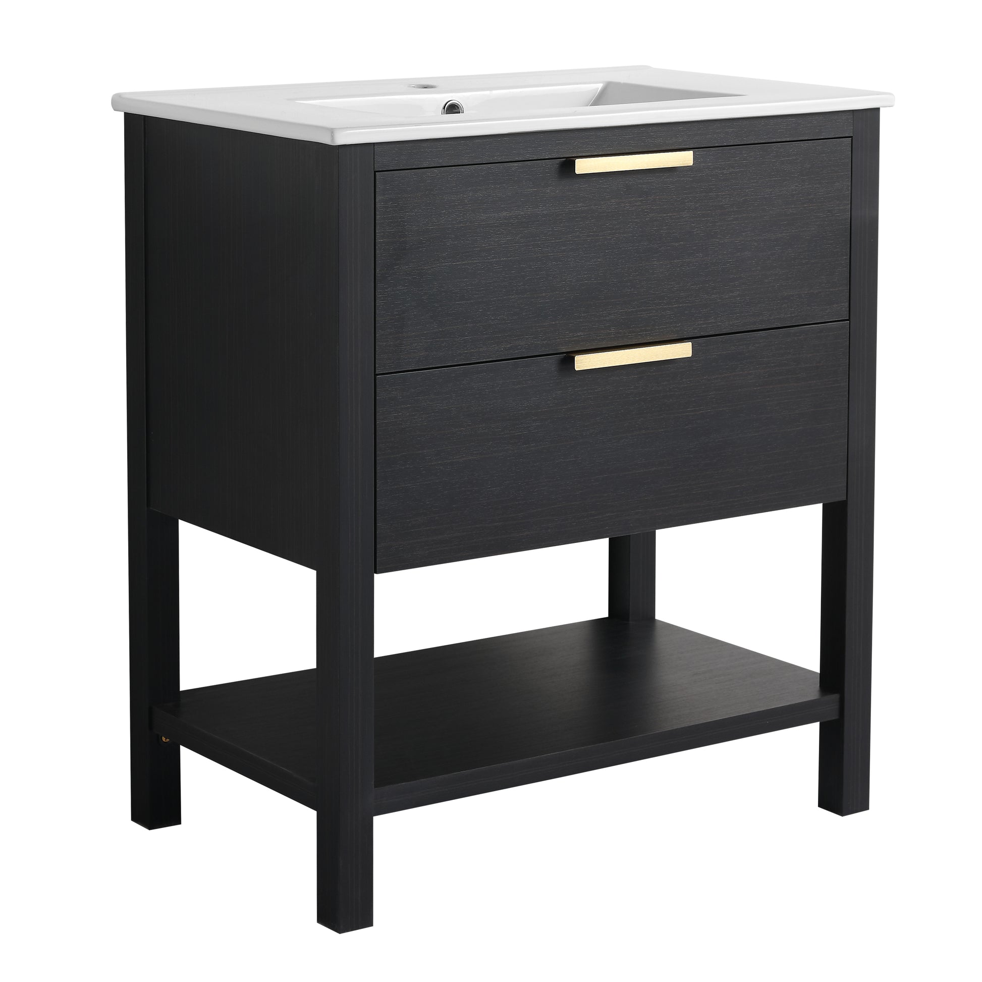 30 Inch Bathroom Vanity With Sink And 2 Soft Close Drawers, Golden Handle Bvb01030Bctg Bl9075B Black Chestnut Bathroom Modern Plywood
