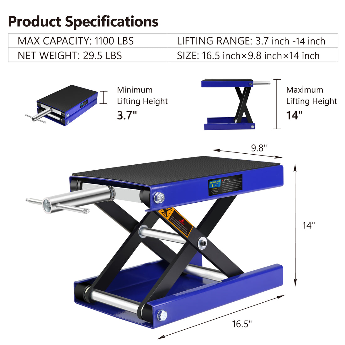 Motorcycle Lift, 1100 Lbs Motorcycle Scissor Lift Jack With Wide Deck & Safety Pin, 3.7" 14" Center Hoist Crank Stand, Steel Scissor Jack For Street Bikes, Cruiser Bikes, Touring Motorcycles Blue Steel