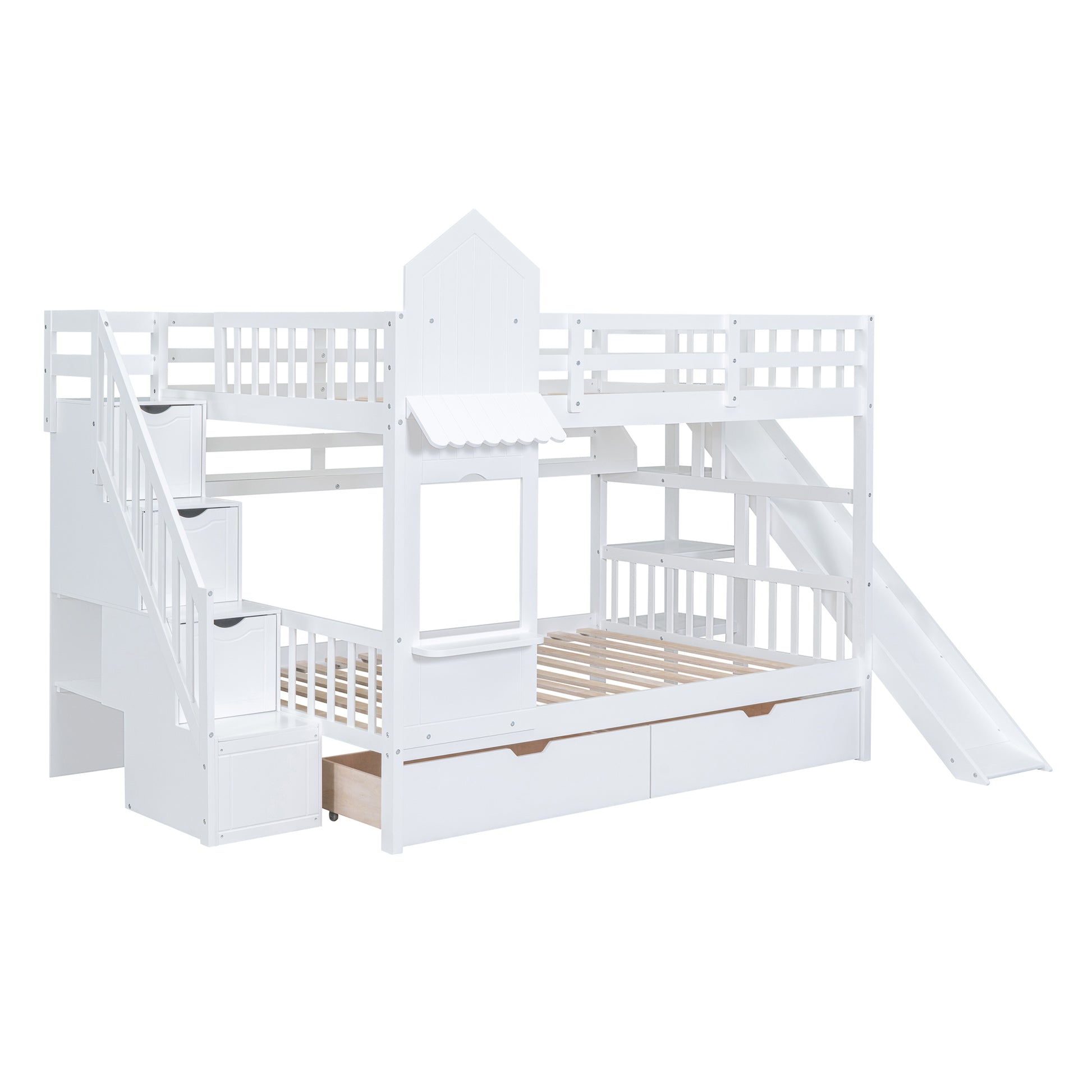 Full Over Full Castle Style Bunk Bed With 2 Drawers 3 Shelves And Slide White White Solid Wood