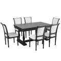 7 Piece Dining Table With 4 Trestle Base And 6 Upholstered Chairs With Slightly Curve And Ergonomic Seat Back Black Upholstered Chair Wood Black Seats 6 Wood Dining Room American Design,Antique Trestle Rectangular Dining Table With Chair Solid Wood Mdf