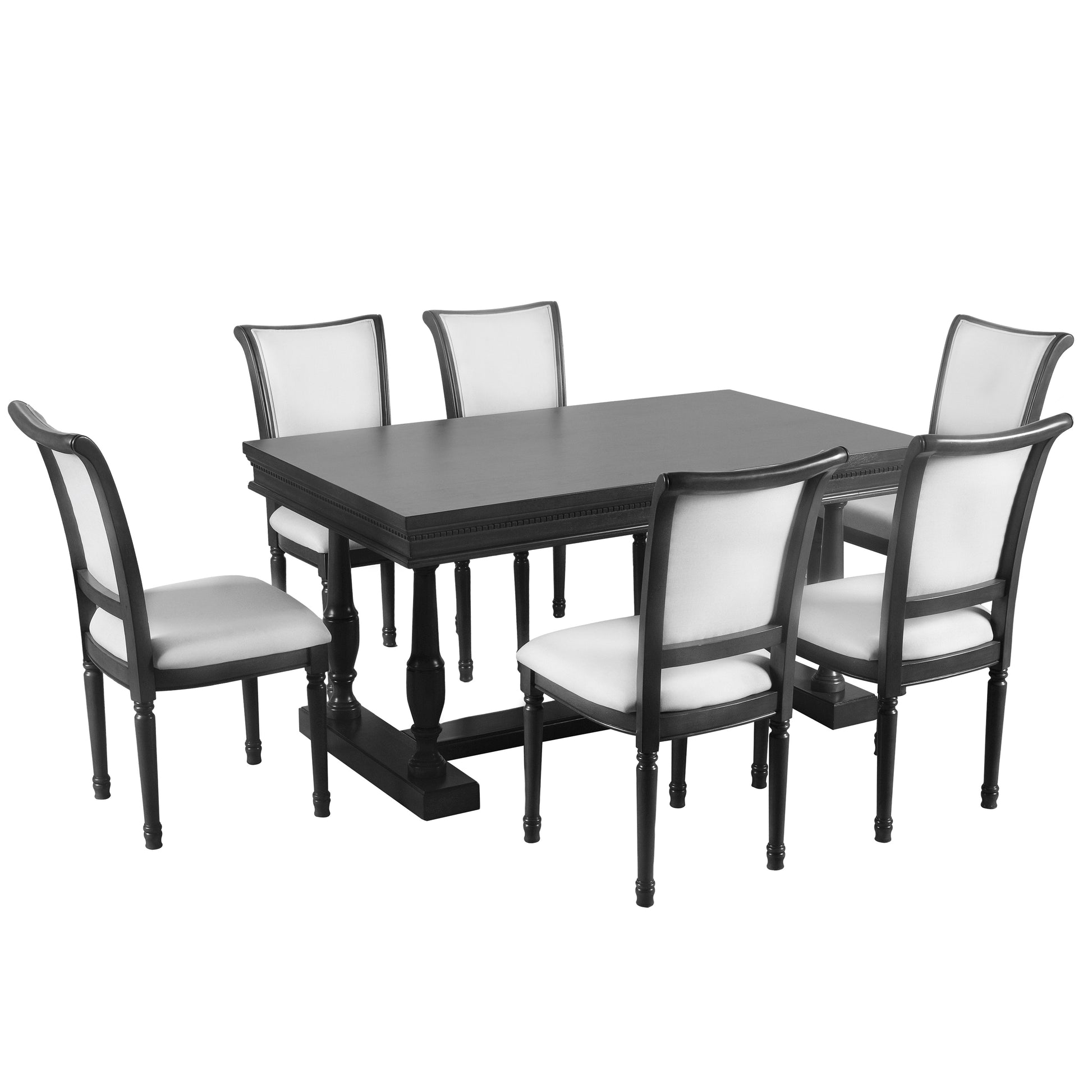 7 Piece Dining Table With 4 Trestle Base And 6 Upholstered Chairs With Slightly Curve And Ergonomic Seat Back Black Upholstered Chair Wood Black Seats 6 Wood Dining Room American Design,Antique Trestle Rectangular Dining Table With Chair Solid Wood Mdf