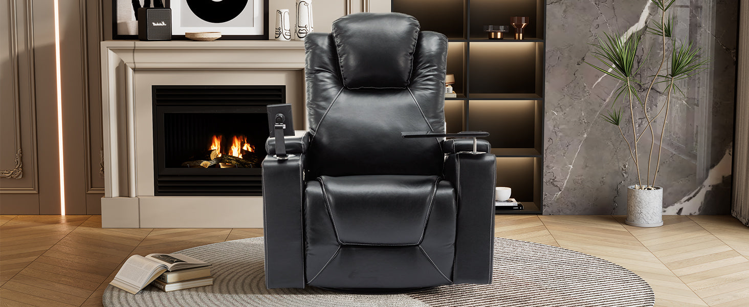 270 Degree Swivel Pu Leather Power Recliner Individual Seat Home Theater Recliner With Surround Sound, Cup Holder, Removable Tray Table, Hidden Arm Storage For Living Room, Black Black Foam Pu Leather