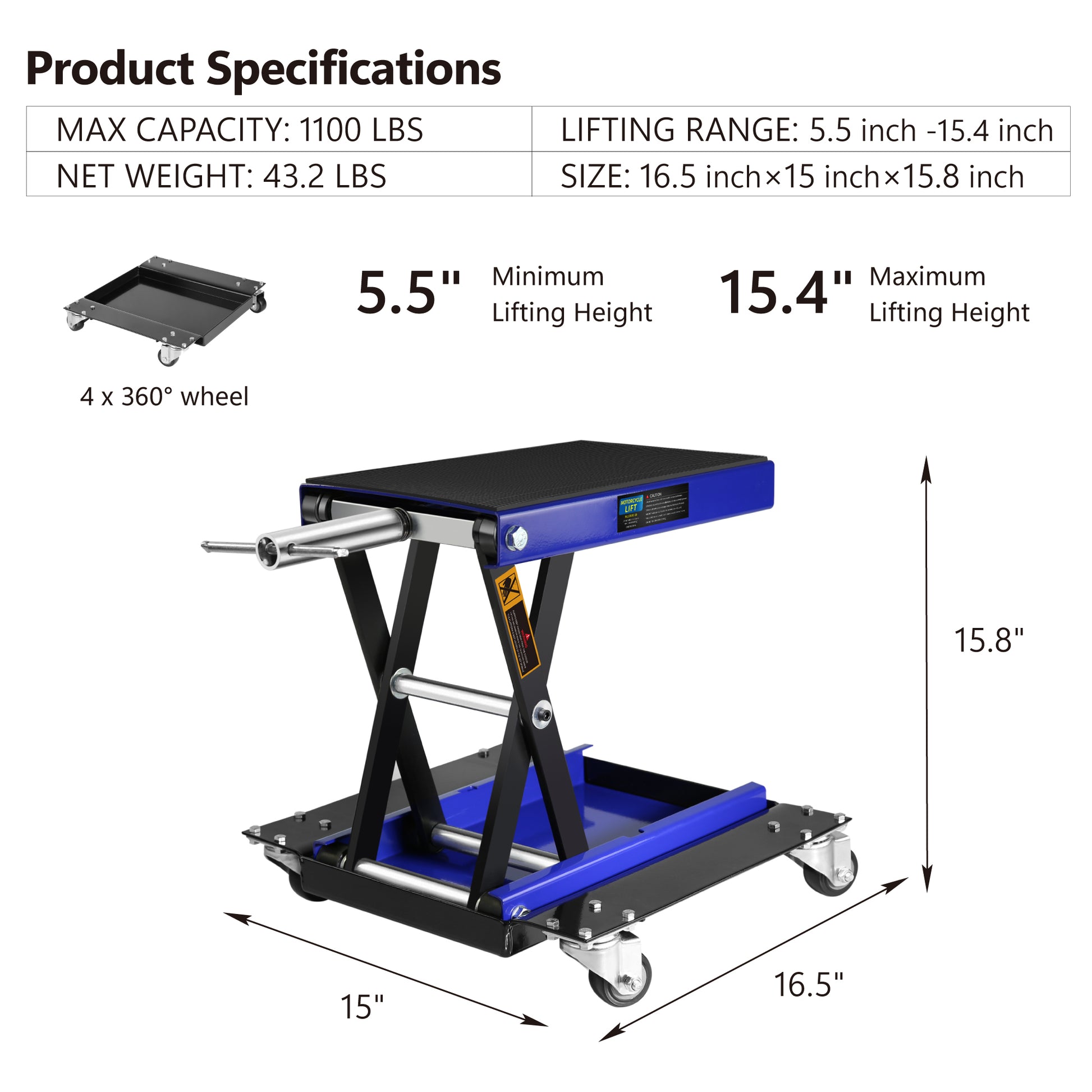 1100 Lbs Steel Wide Deck Motorcycle Lift Atv Scissor Lift Jack With Dolly And Hand Crank Bikes Garage Repair Hoist Stand Blue Steel