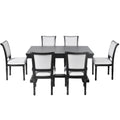 7 Piece Dining Table With 4 Trestle Base And 6 Upholstered Chairs With Slightly Curve And Ergonomic Seat Back Black Upholstered Chair Wood Black Seats 6 Wood Dining Room American Design,Antique Trestle Rectangular Dining Table With Chair Solid Wood Mdf