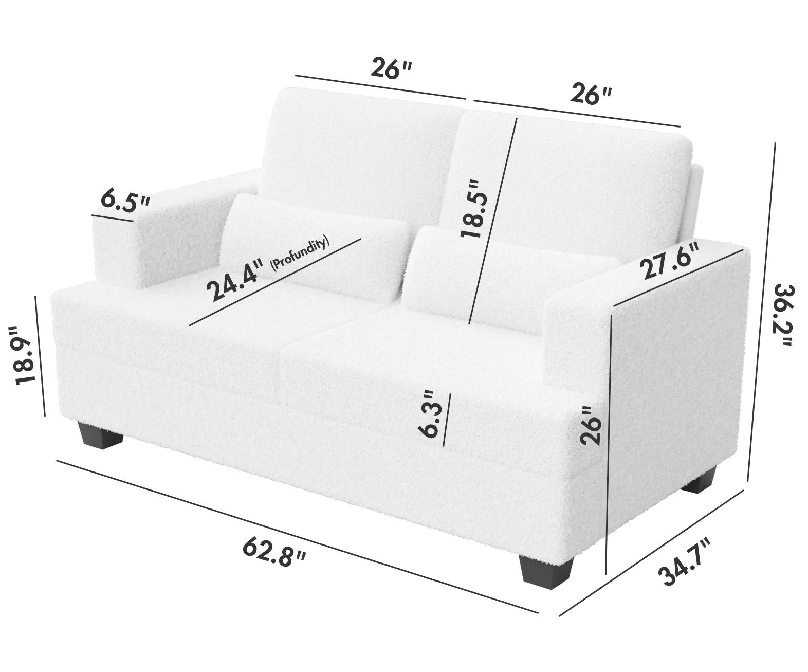 63" Length Modern Loveseat For Living Room, Sofas & Couches With Square Armrest, Removable Back Cushion And 2Pcs Waist Pillow White&Gray Fabric White Wood Primary Living Space Wood 2 Seat