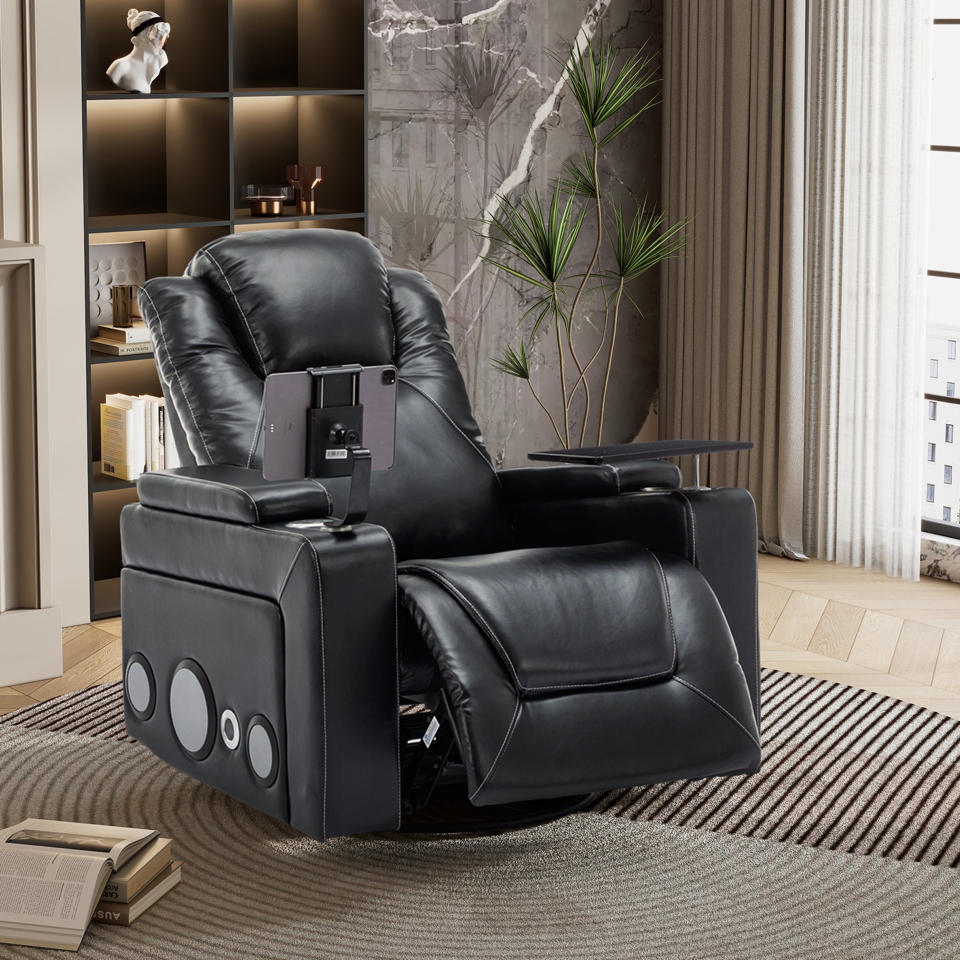 270 Degree Swivel Pu Leather Power Recliner Individual Seat Home Theater Recliner With Surround Sound, Cup Holder, Removable Tray Table, Hidden Arm Storage For Living Room, Black Black Foam Pu Leather