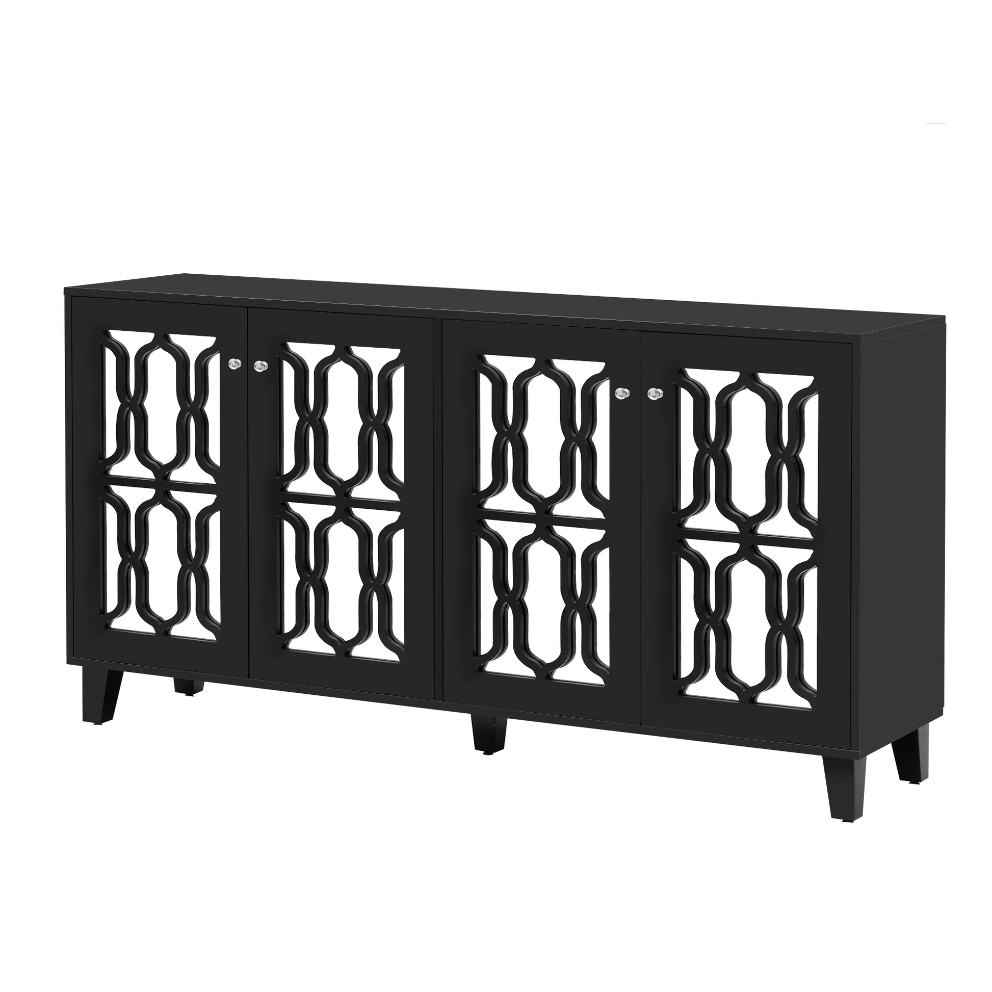 Buffet Cabinet With Adjustable Shelves, 4 Door Mirror Hollow Carved Tv Stand For Tvs Up To 70'', Multi Functional Console Table With Storage Credenza Accent Cabinet For Living Room, Black 3 4 Spaces Black Primary Living Space Adjustable Shelves Mdf