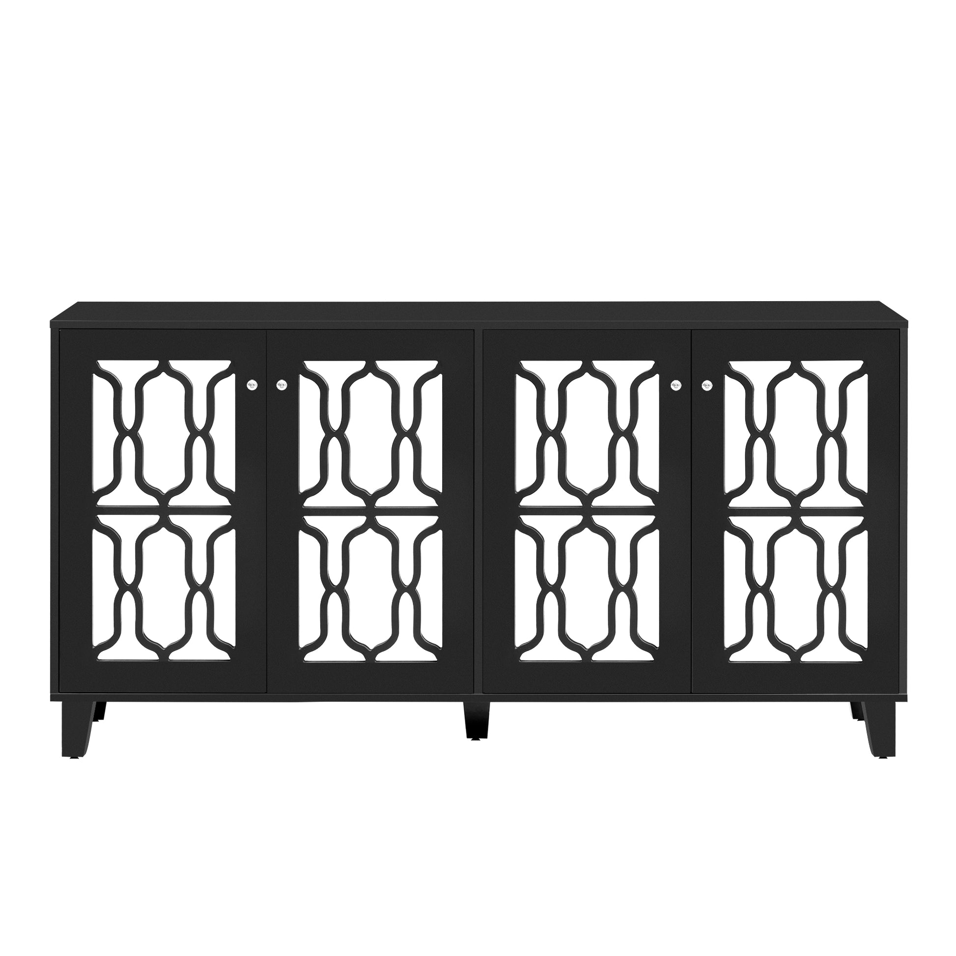 Buffet Cabinet With Adjustable Shelves, 4 Door Mirror Hollow Carved Tv Stand For Tvs Up To 70'', Multi Functional Console Table With Storage Credenza Accent Cabinet For Living Room, Black 3 4 Spaces Black Primary Living Space Adjustable Shelves Mdf