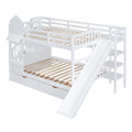 Full Over Full Castle Style Bunk Bed With 2 Drawers 3 Shelves And Slide White White Solid Wood