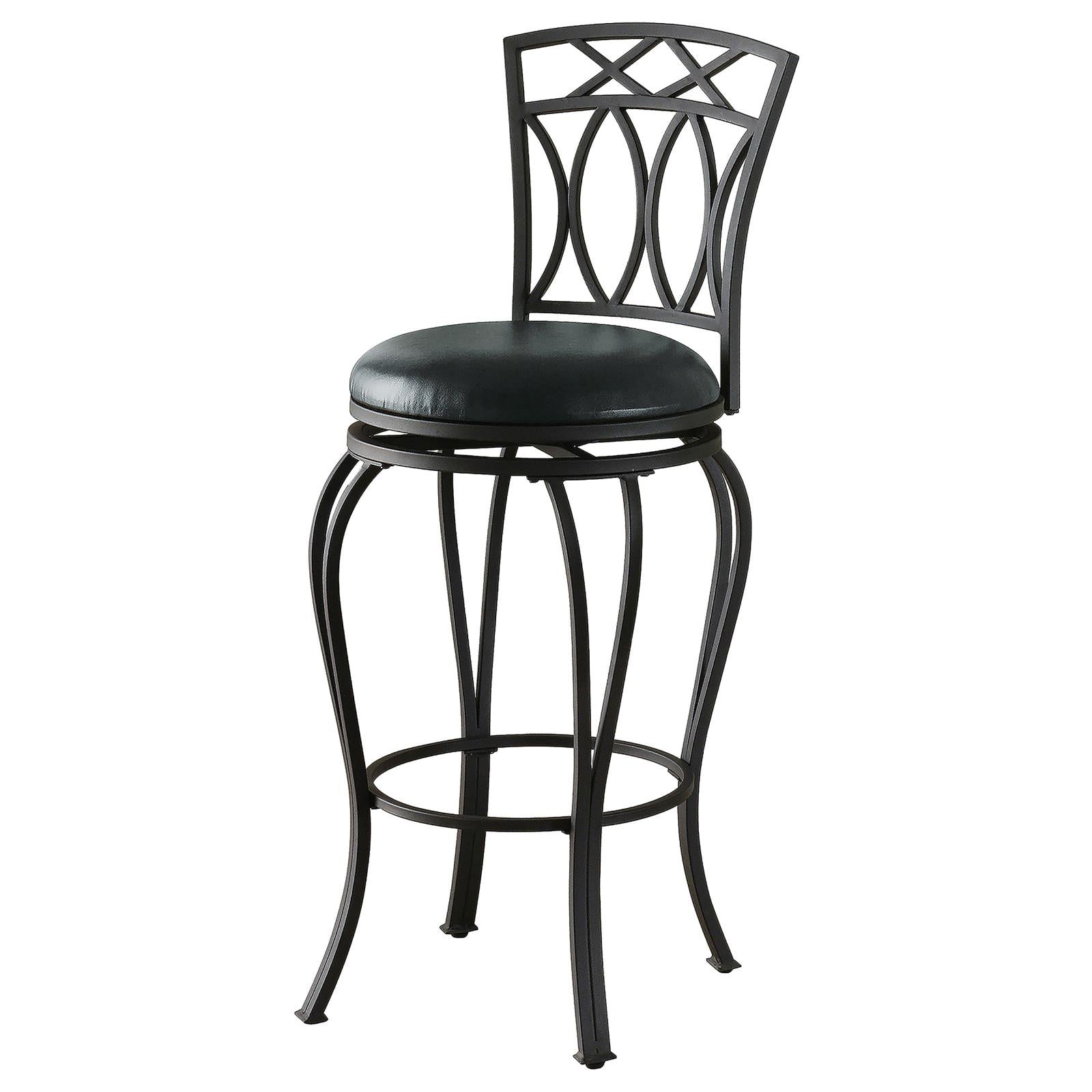 Black Swivel Bar Stool With Upholstered Seat Solid Black Dining Room Spot Clean Traditional Bar Stools Open Back Metal