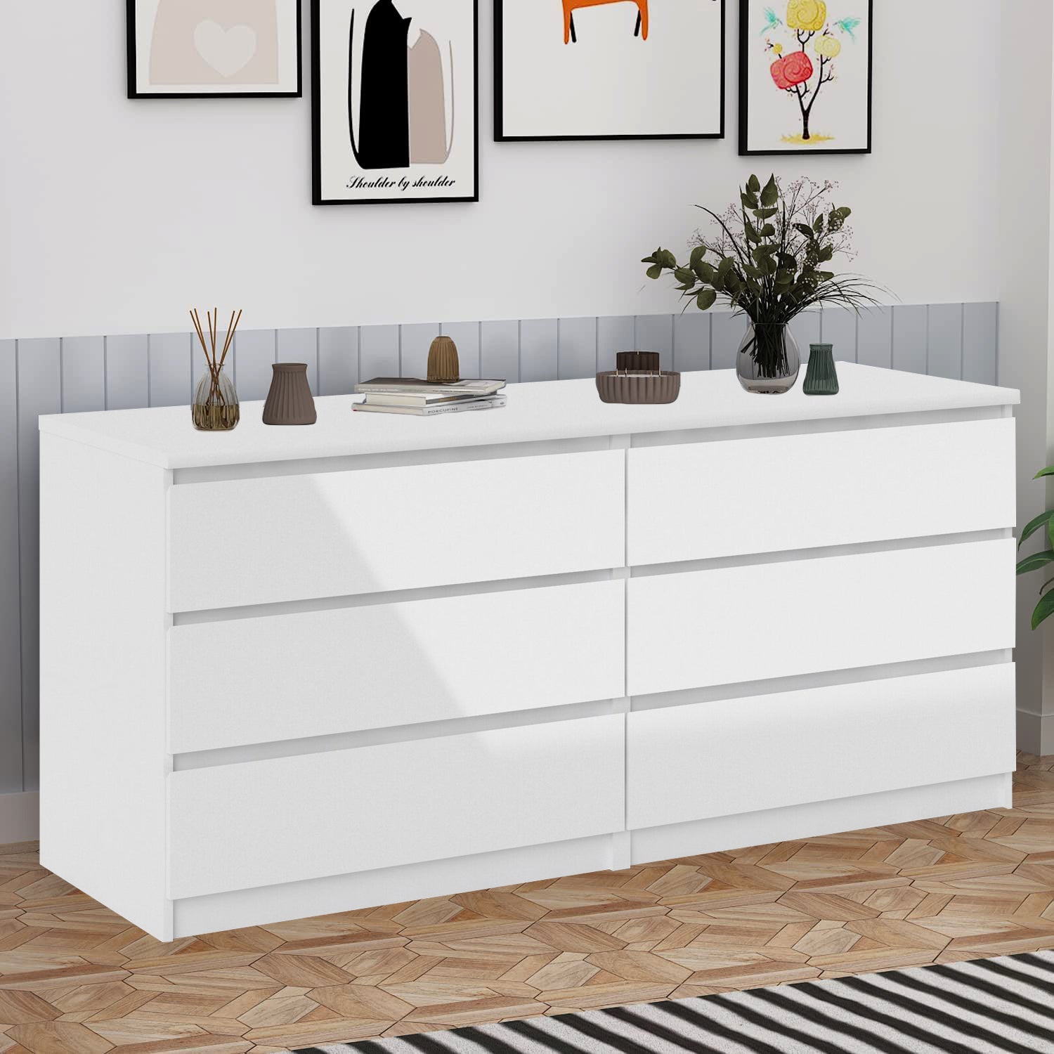 6 Drawer Double Dresser For Bedroom Living Room Hallway,White White Particle Board Mdf