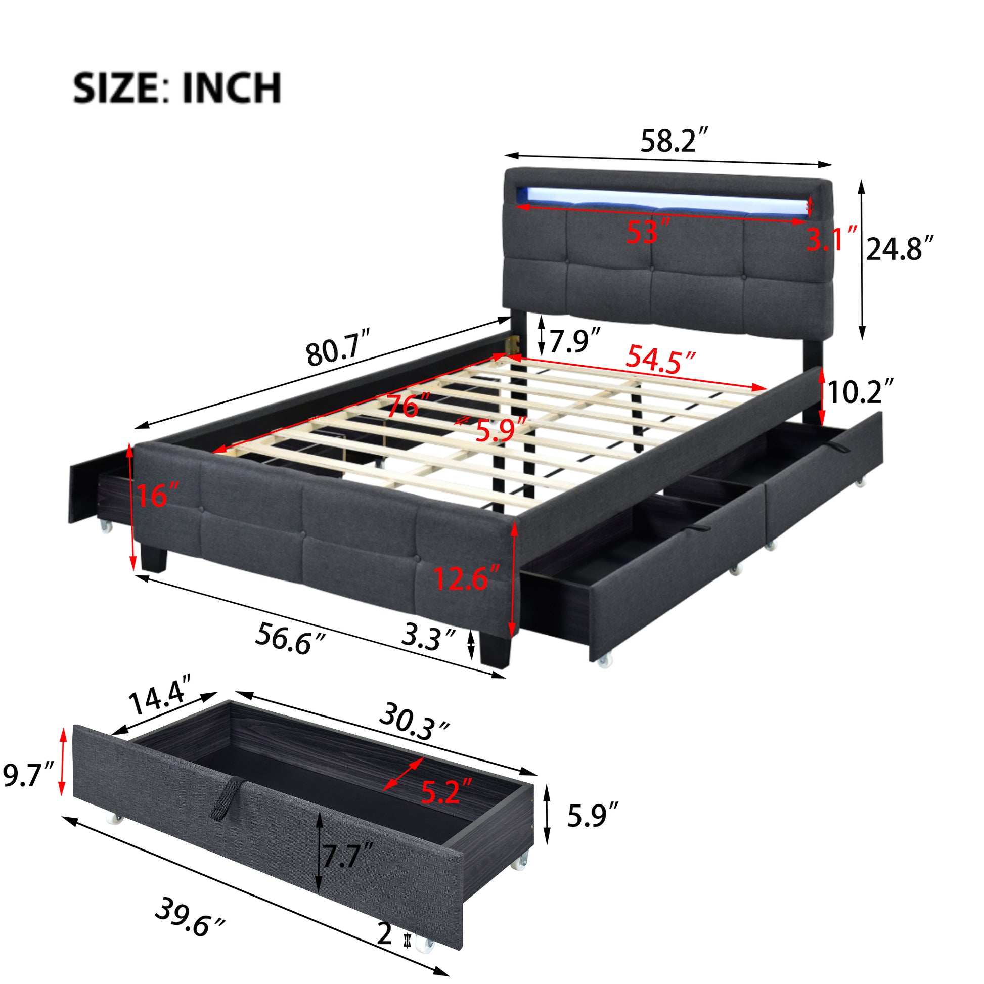 Full Size Upholstered Platform Bed With Led Frame And 4 Drawers, Linen Fabric, Gray Gray Linen