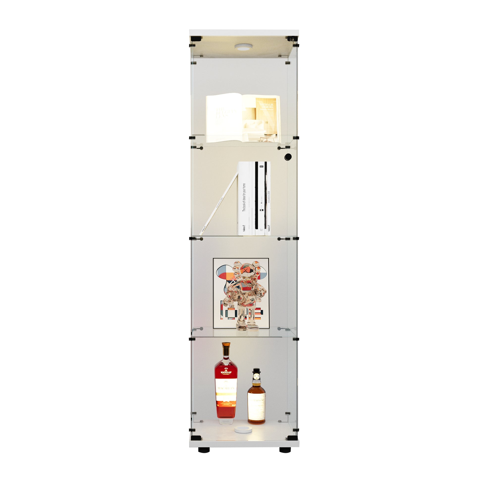 Led Lights Glass Display Cabinet 4 Shelves With Door, Floor Standing Curio Bookshelf For Living Room Bedroom Office, 64.7"*16.7"*14.3" White White Glass