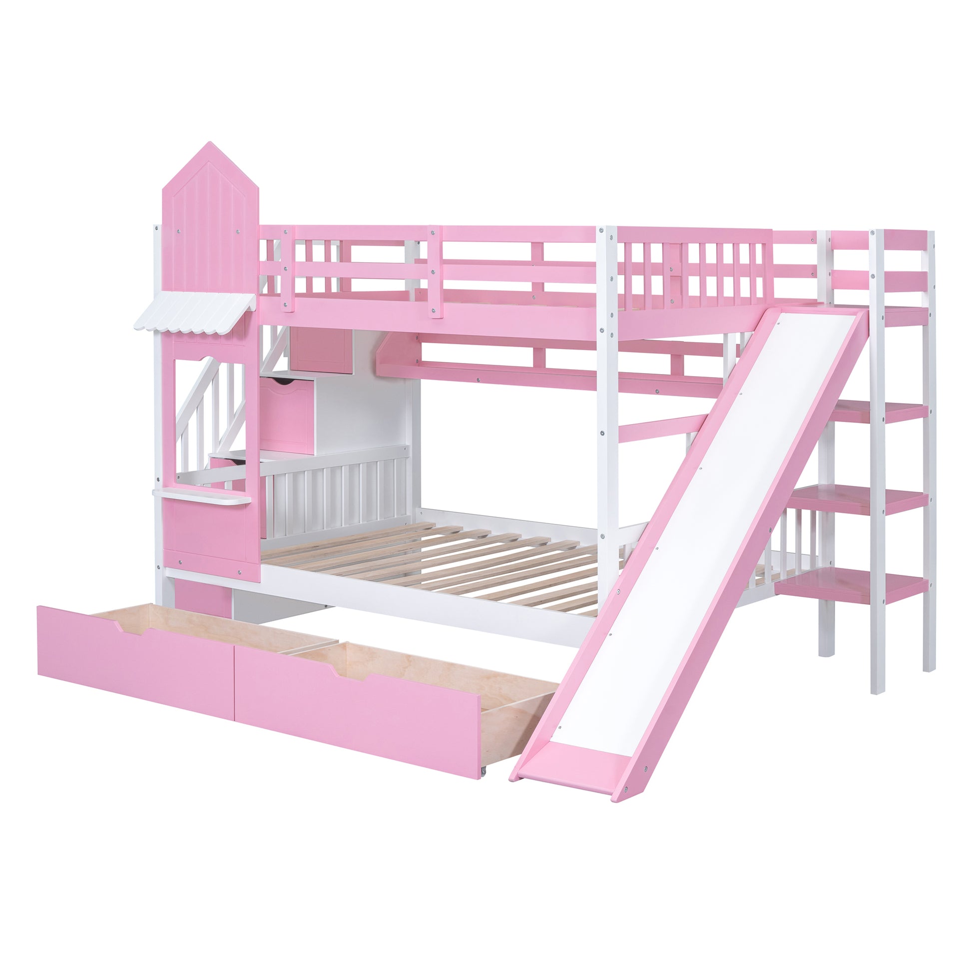 Full Over Full Castle Style Bunk Bed With 2 Drawers 3 Shelves And Slide Pink Pink Solid Wood