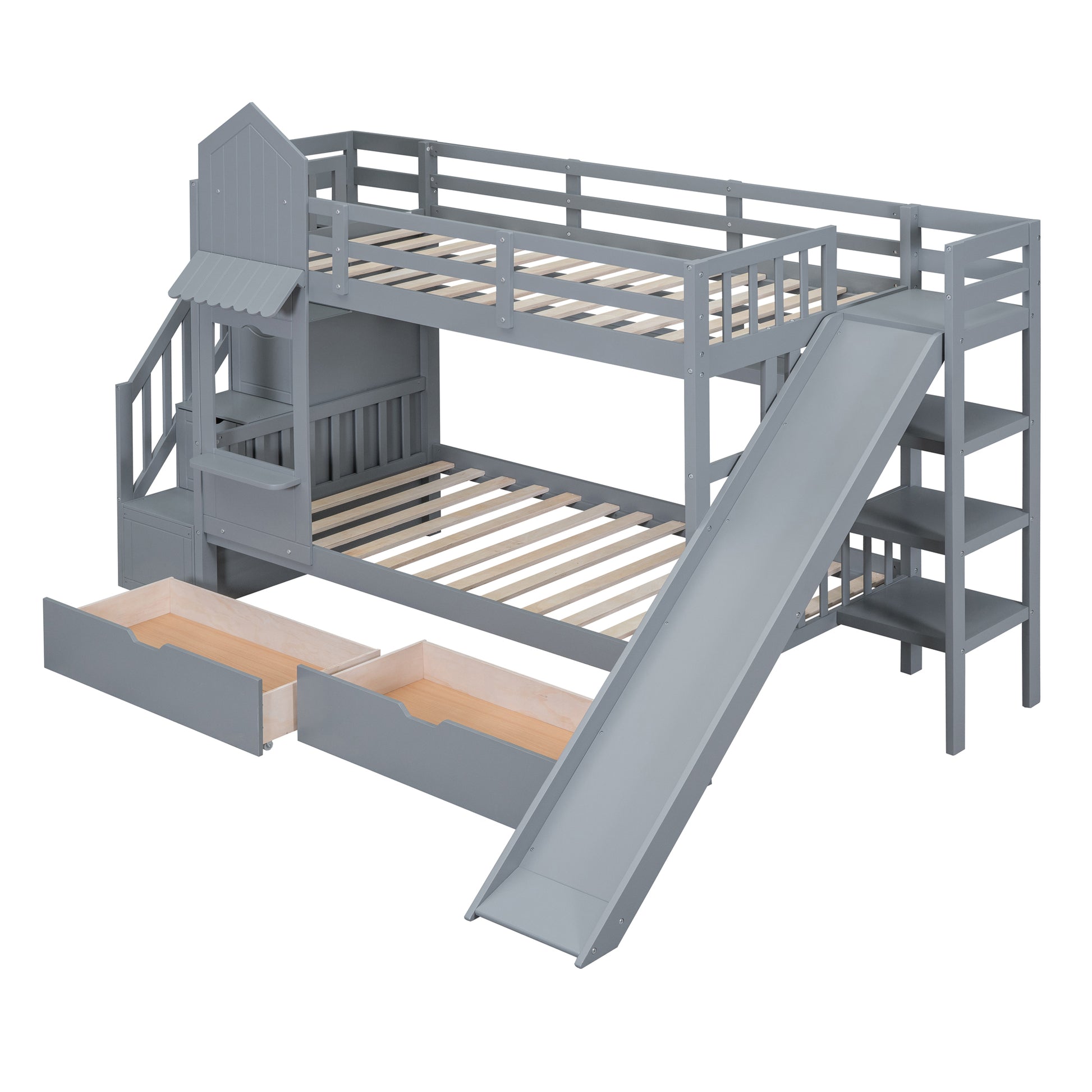 Twin Over Twin Castle Style Bunk Bed With 2 Drawers 3 Shelves And Slide Gray Gray Solid Wood