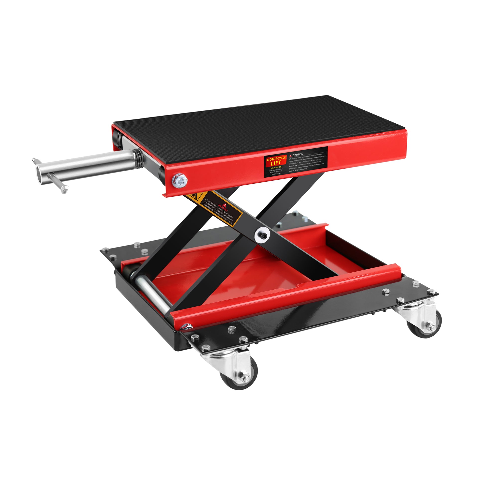 Motorcycle Lift, 1100 Lbs Motorcycle Lift Atv Scissor Lift Jack With Dolly & Hand Crank, Center Hoist Crank Stand With Wide Deck & Tool Tray For Street Bikes, Cruiser Bikes, Touring Motorcycles Red Steel