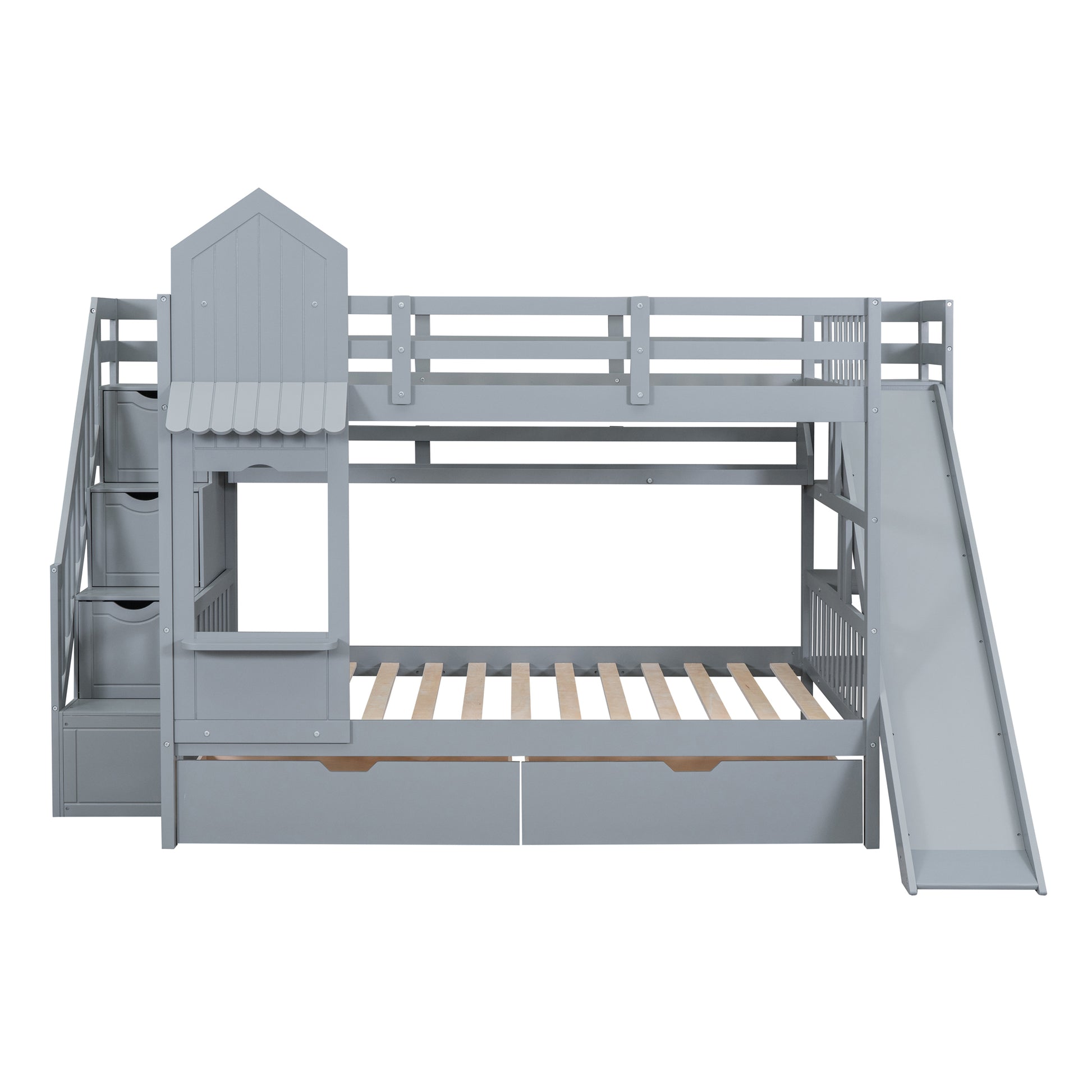 Full Over Full Castle Style Bunk Bed With 2 Drawers 3 Shelves And Slide Gray Gray Solid Wood