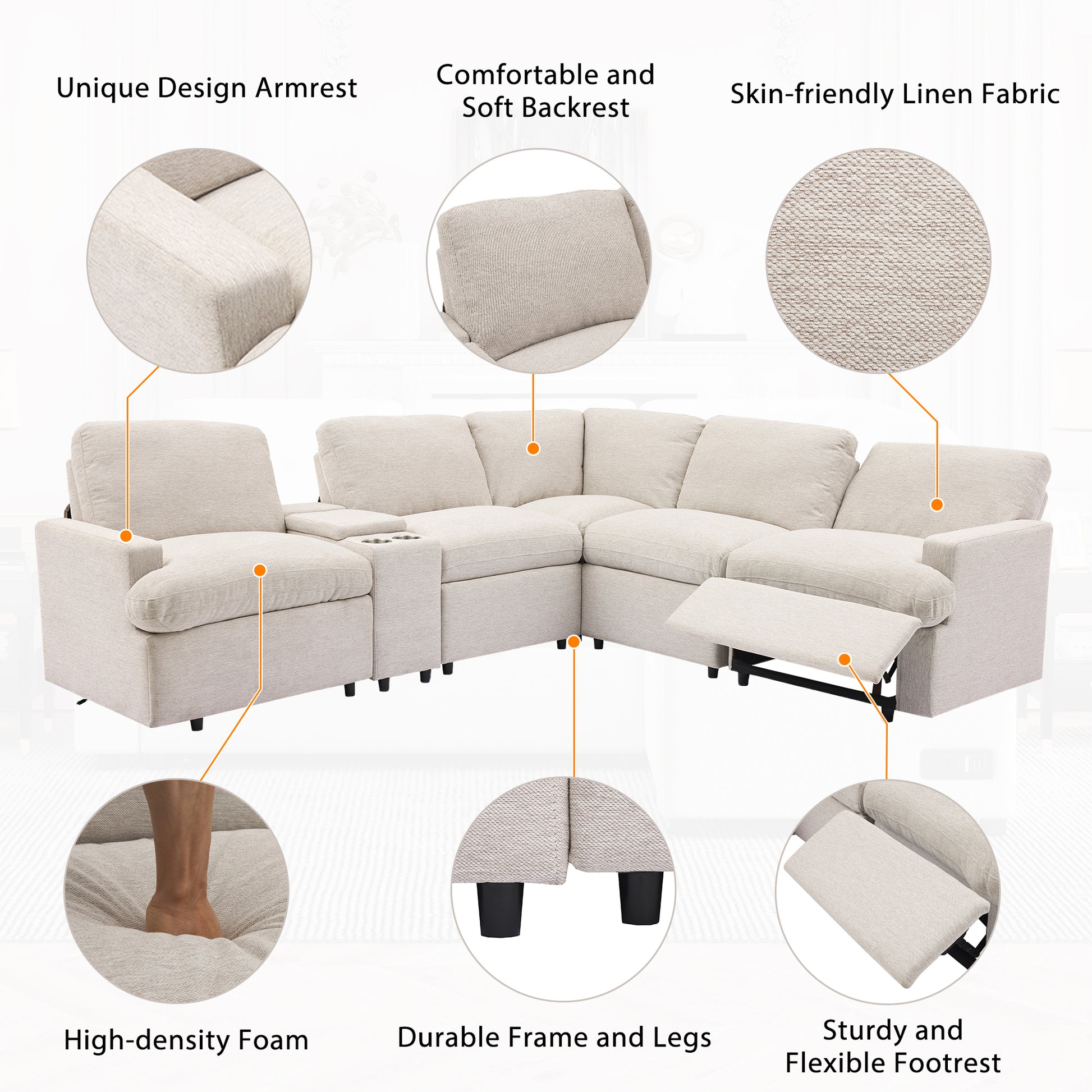 104'' Power Recliner Corner Sofa Home Theater Reclining Sofa Sectional Couches With Storage Box, Cup Holders, Usb Ports And Power Socket For Living Room, Beige Beige Foam Linen 4 Seat