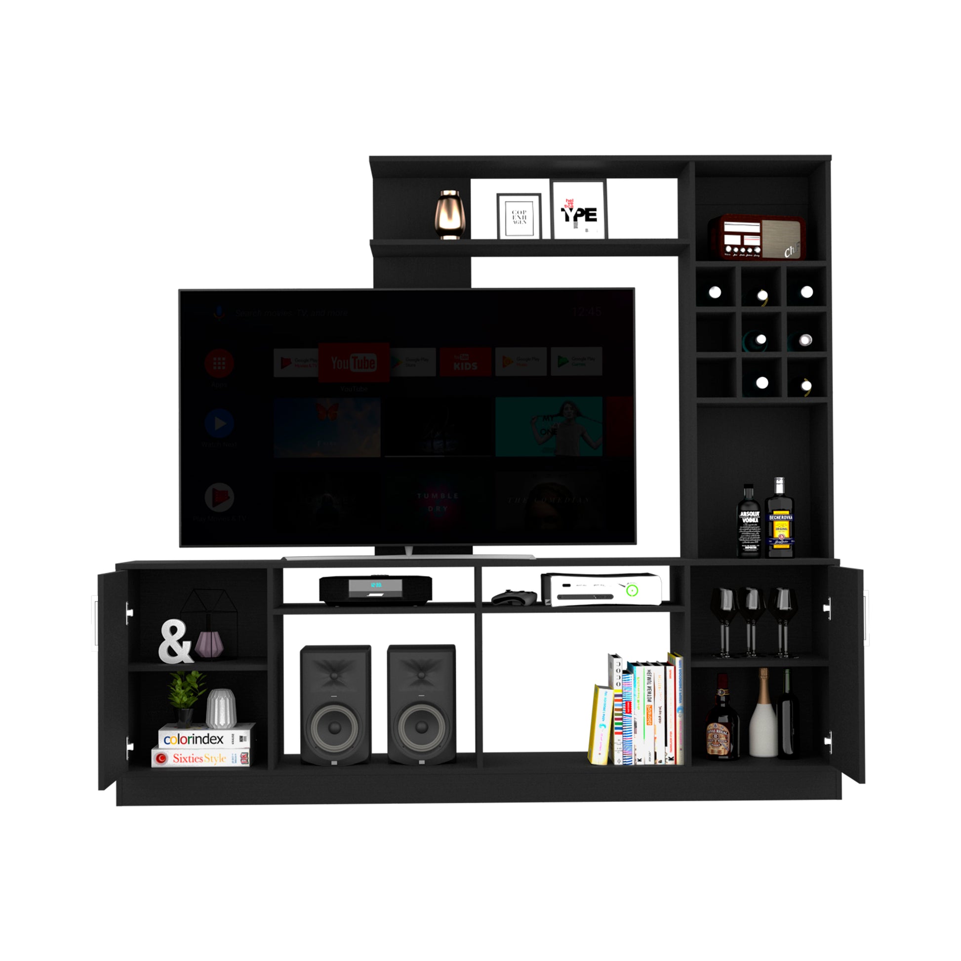 Entertainment Center Modoc, Living Room, Black Black 60 69 Inches Particle Board Particle Board