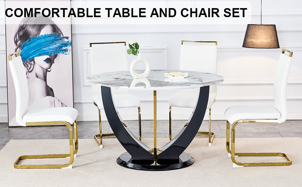 Table And Chair Set. 1 Table And 4 Chairs. Round Pandora Style Stone Burning Tabletop With Black Mdf Legs. Paired With 4 Chairs With Pu White Cushions And Golden Legs.908 1162 White Sintered Stone