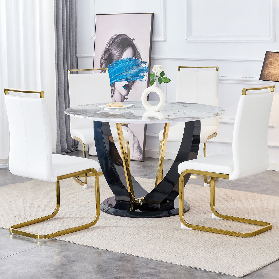 Table And Chair Set. 1 Table And 4 Chairs. Round Pandora Style Stone Burning Tabletop With Black Mdf Legs. Paired With 4 Chairs With Pu White Cushions And Golden Legs.908 1162 White Sintered Stone